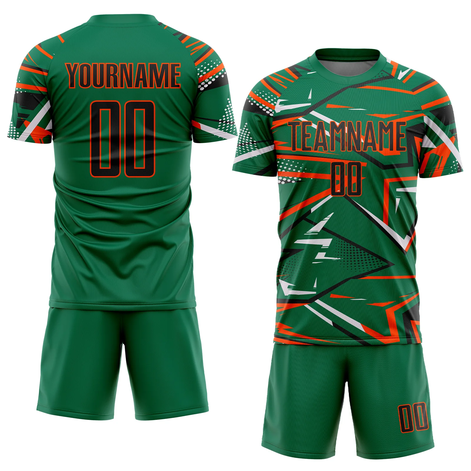 Custom Kelly Green Black Orange-White Abstract Geometric Stripes Sports Sublimation Soccer Uniform Jersey - Image 2