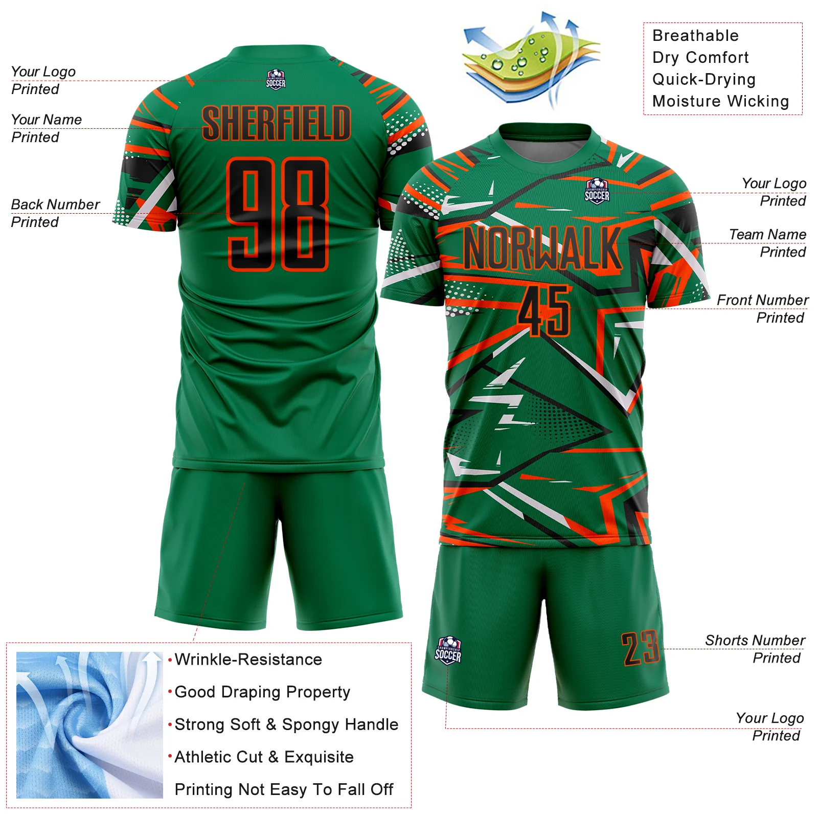 Custom Kelly Green Black Orange-White Abstract Geometric Stripes Sports Sublimation Soccer Uniform Jersey - Image 4