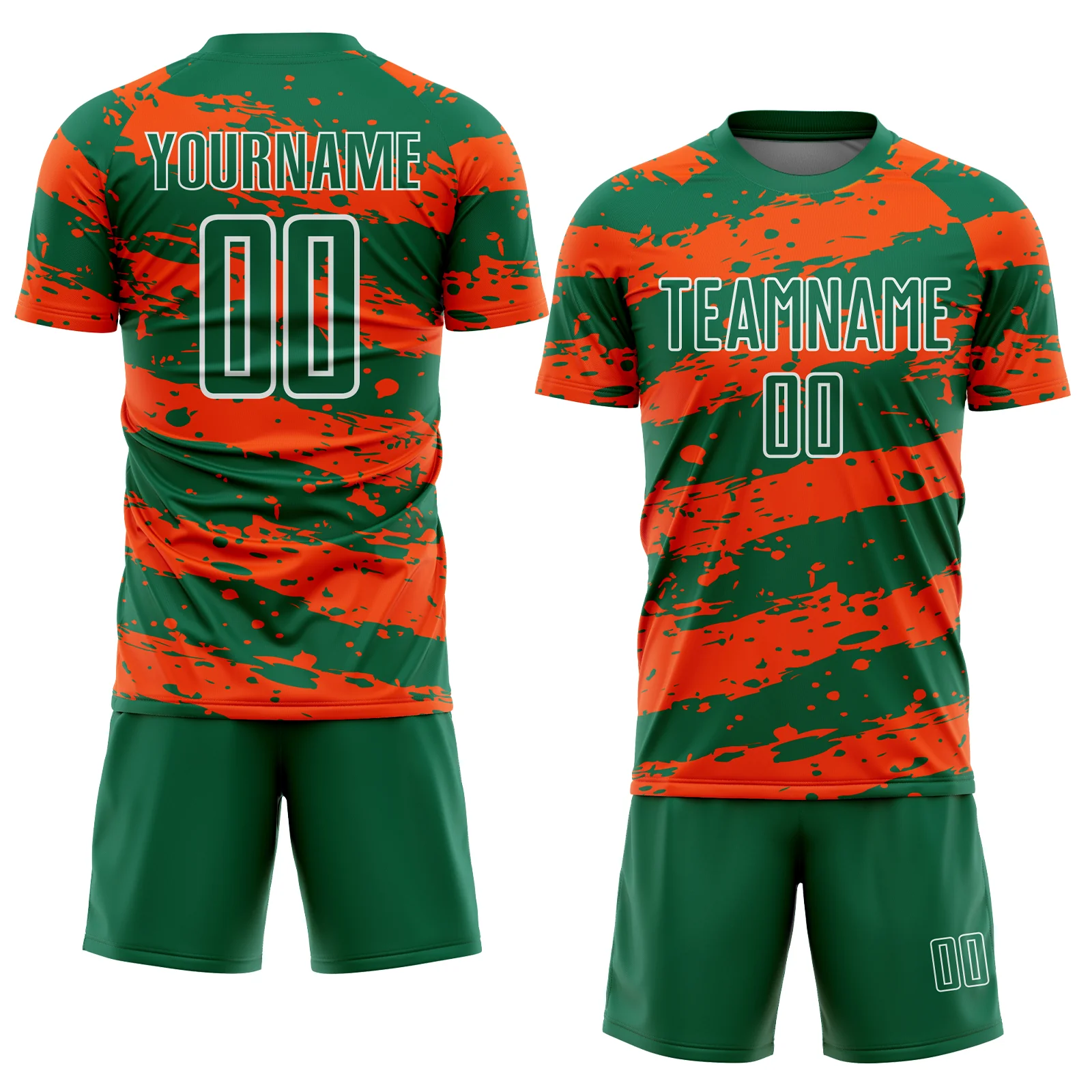 Custom Kelly Green Orange-White Splash Sublimation Soccer Uniform Jersey - Image 2