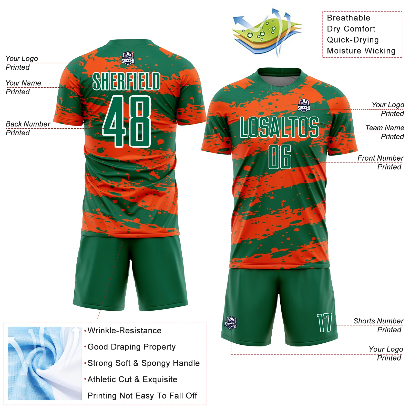 Custom Kelly Green Orange-White Splash Sublimation Soccer Uniform Jersey - Image 4