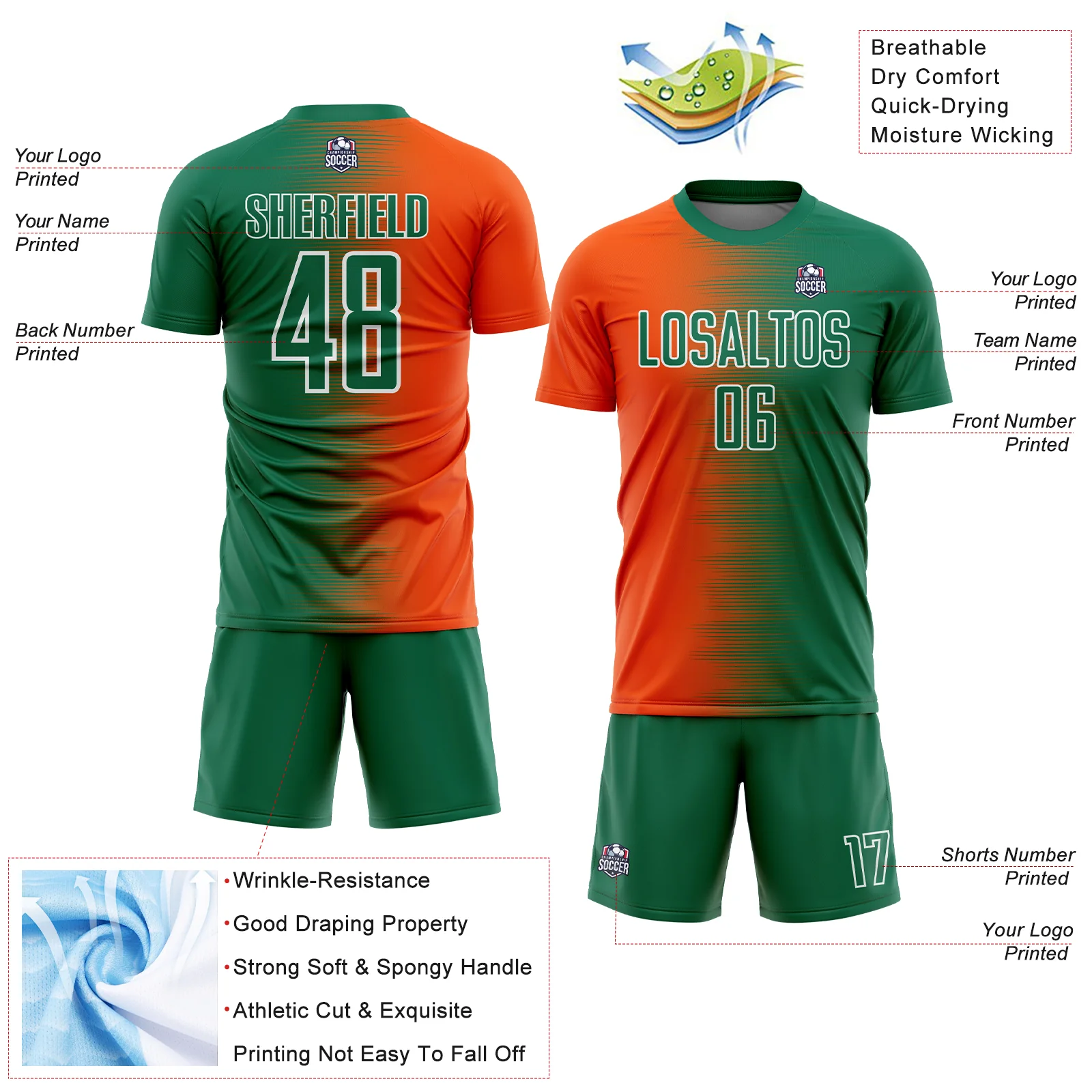 Custom Kelly Green Orange-White Gradient Line Sublimation Soccer Uniform Jersey - Image 4