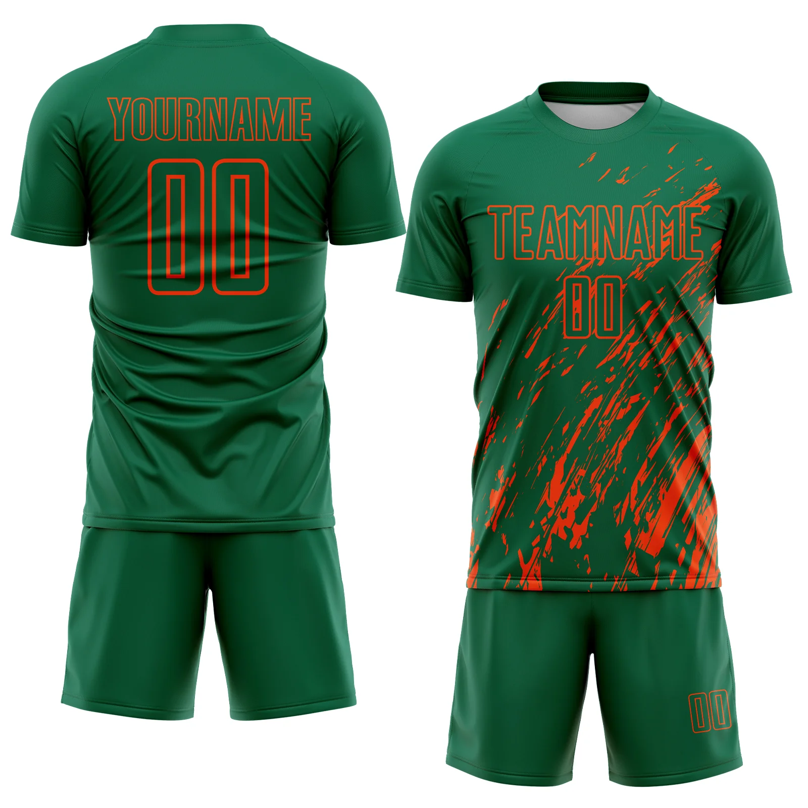Custom Kelly Green Orange Splash Sublimation Soccer Uniform Jersey - Image 2