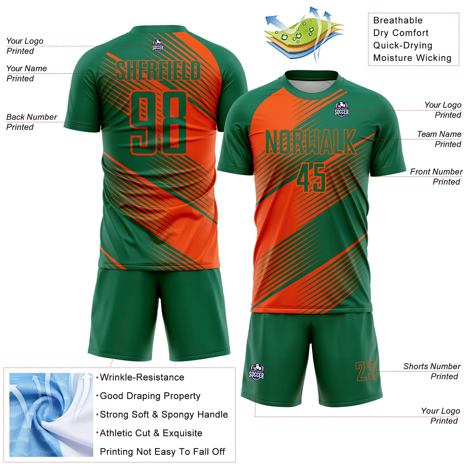 Custom Kelly Green Orange Line Sublimation Soccer Uniform Jersey - Image 4