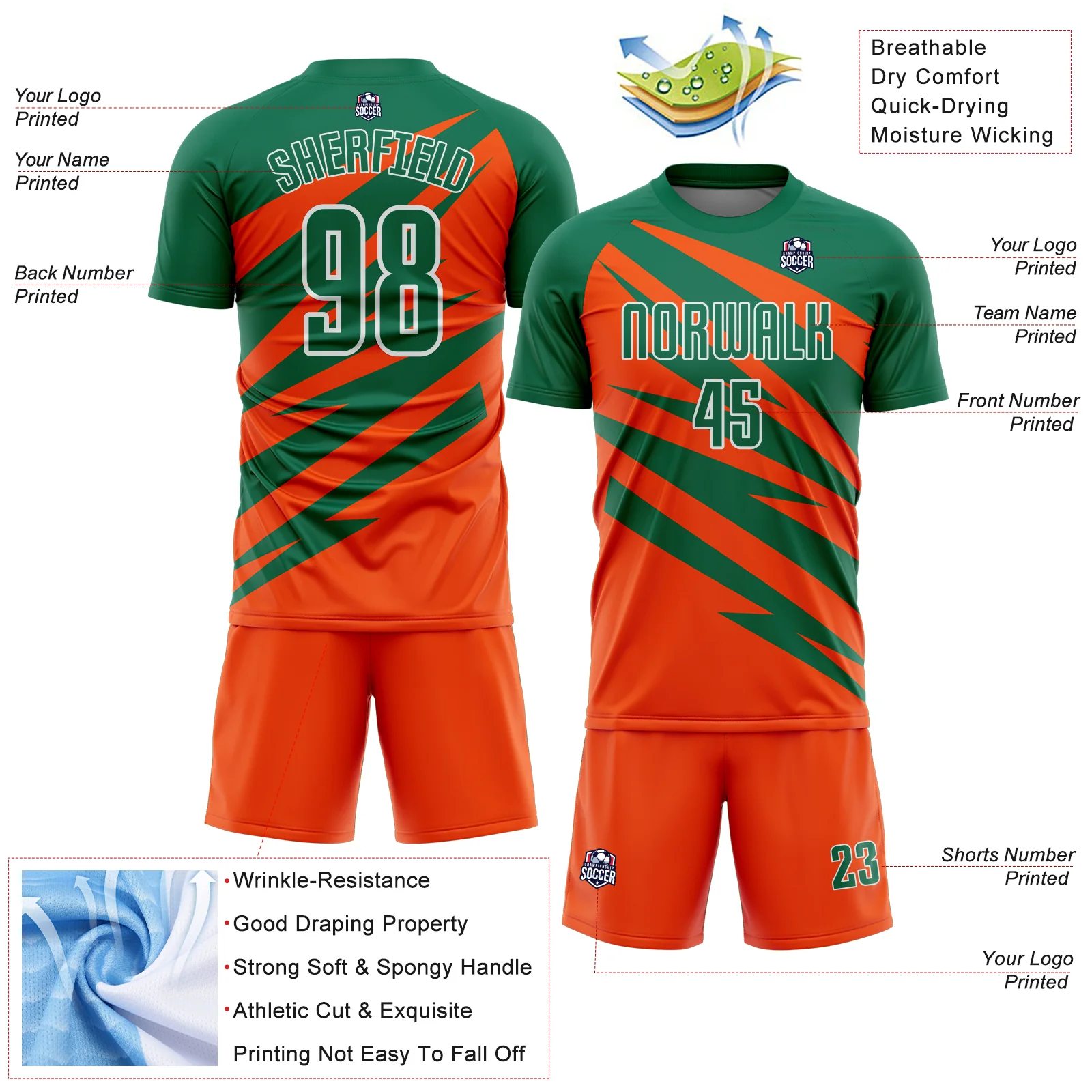 Custom Kelly Green Orange-White Abstract Line Sports Sublimation Soccer Uniform Jersey - Image 4