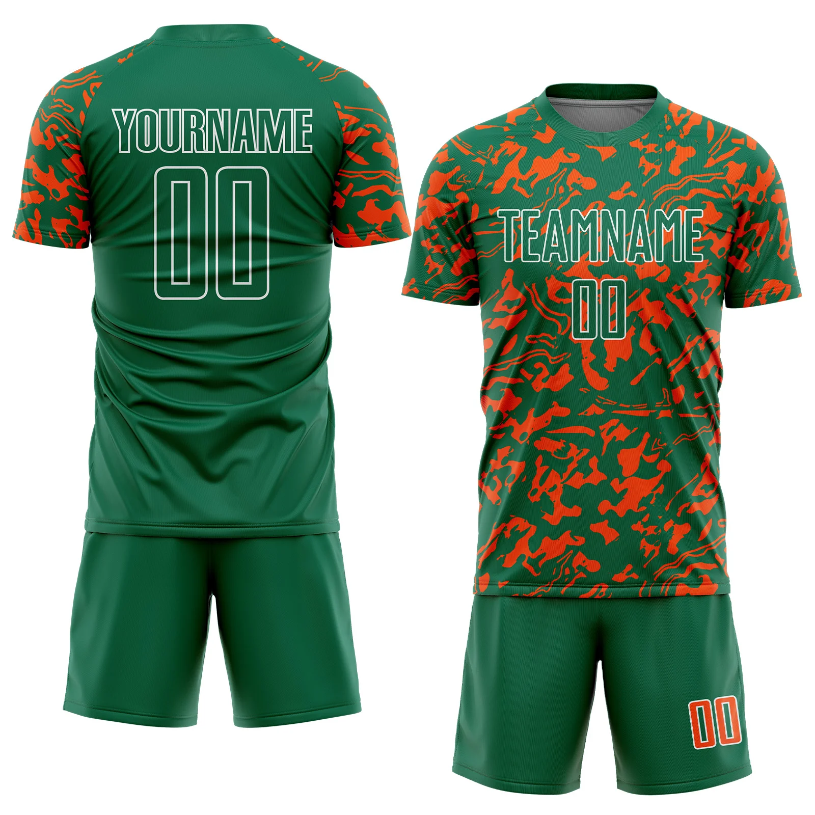 Custom Kelly Green Orange-White Liquid Fluid Pattern Sports Sublimation Soccer Uniform Jersey - Image 2