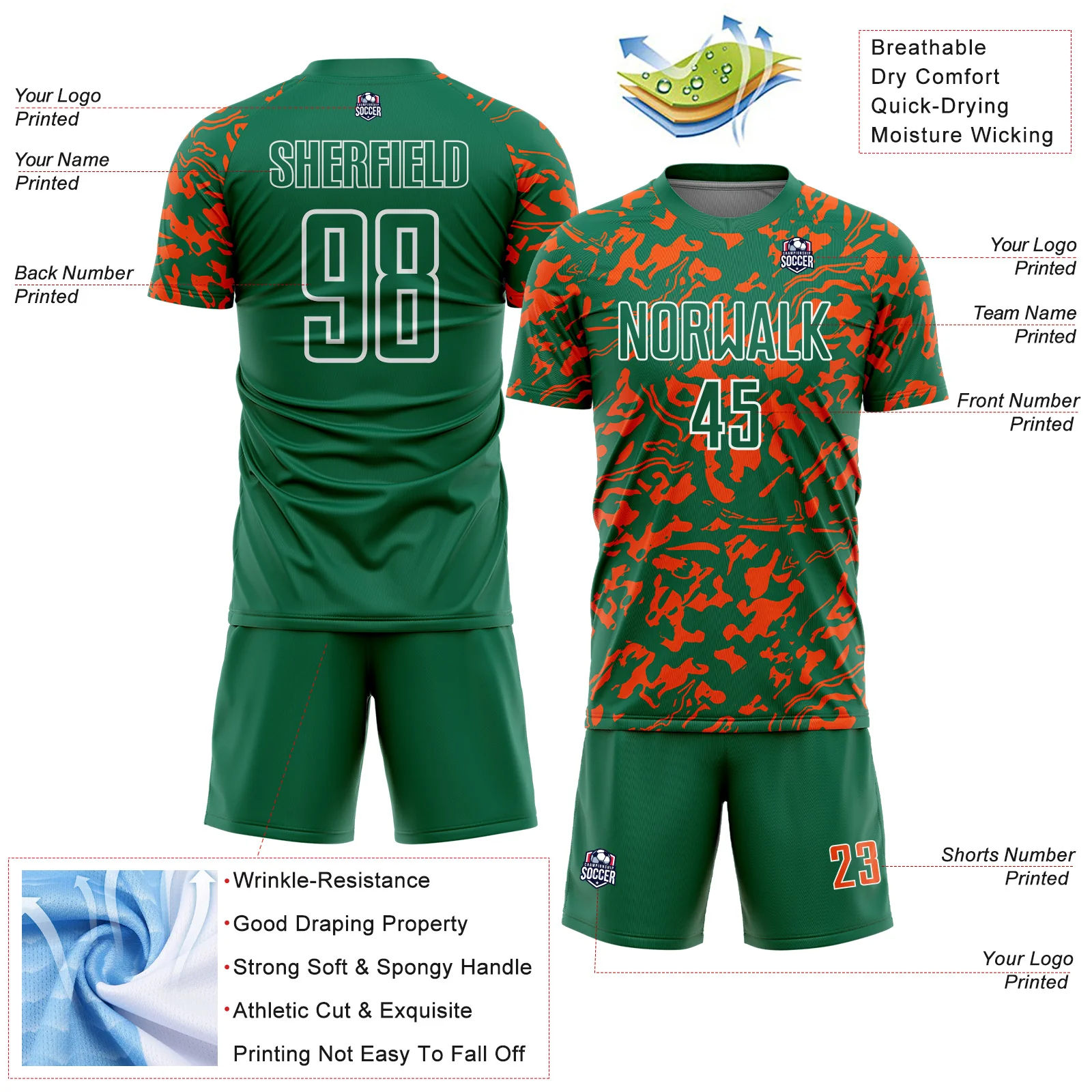 Custom Kelly Green Orange-White Liquid Fluid Pattern Sports Sublimation Soccer Uniform Jersey - Image 4