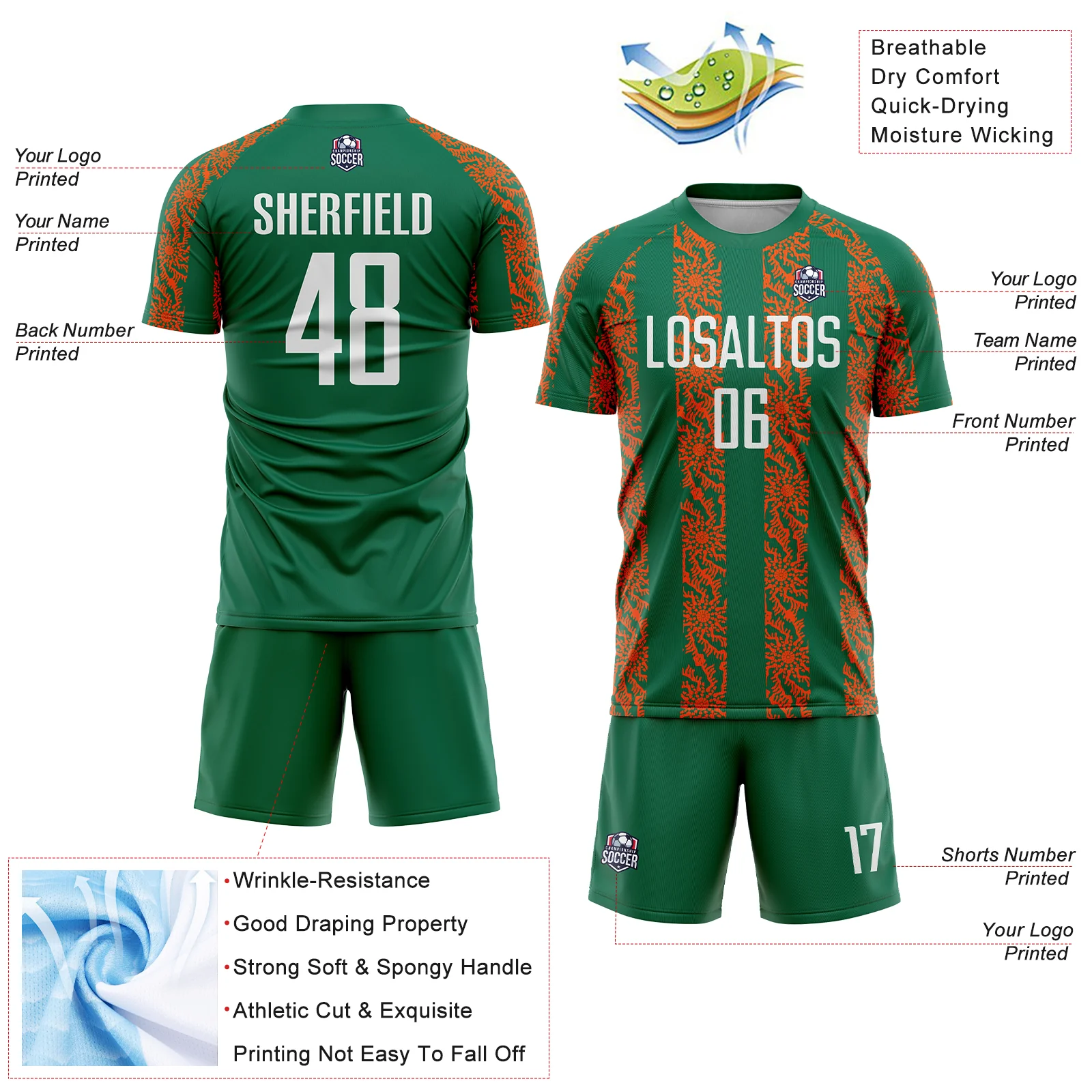 Custom Kelly Green White-Orange Abstract Shape Sublimation Soccer Uniform Jersey - Image 4