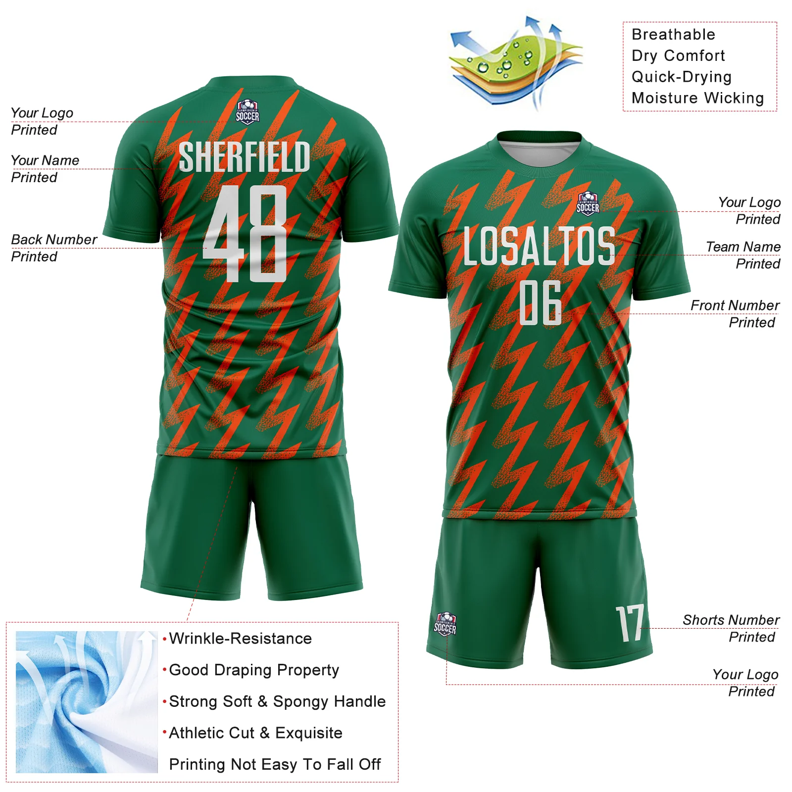 Custom Kelly Green White-Orange Zigzag Shape Sublimation Soccer Uniform Jersey - Image 4