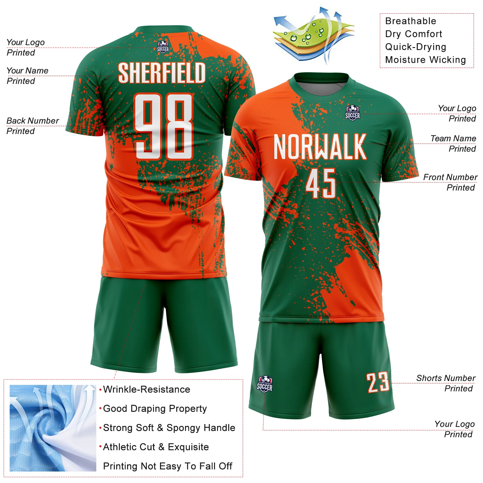 Custom Kelly Green White-Orange Abstract Brush Stroke Sports Sublimation Soccer Uniform Jersey - Image 4