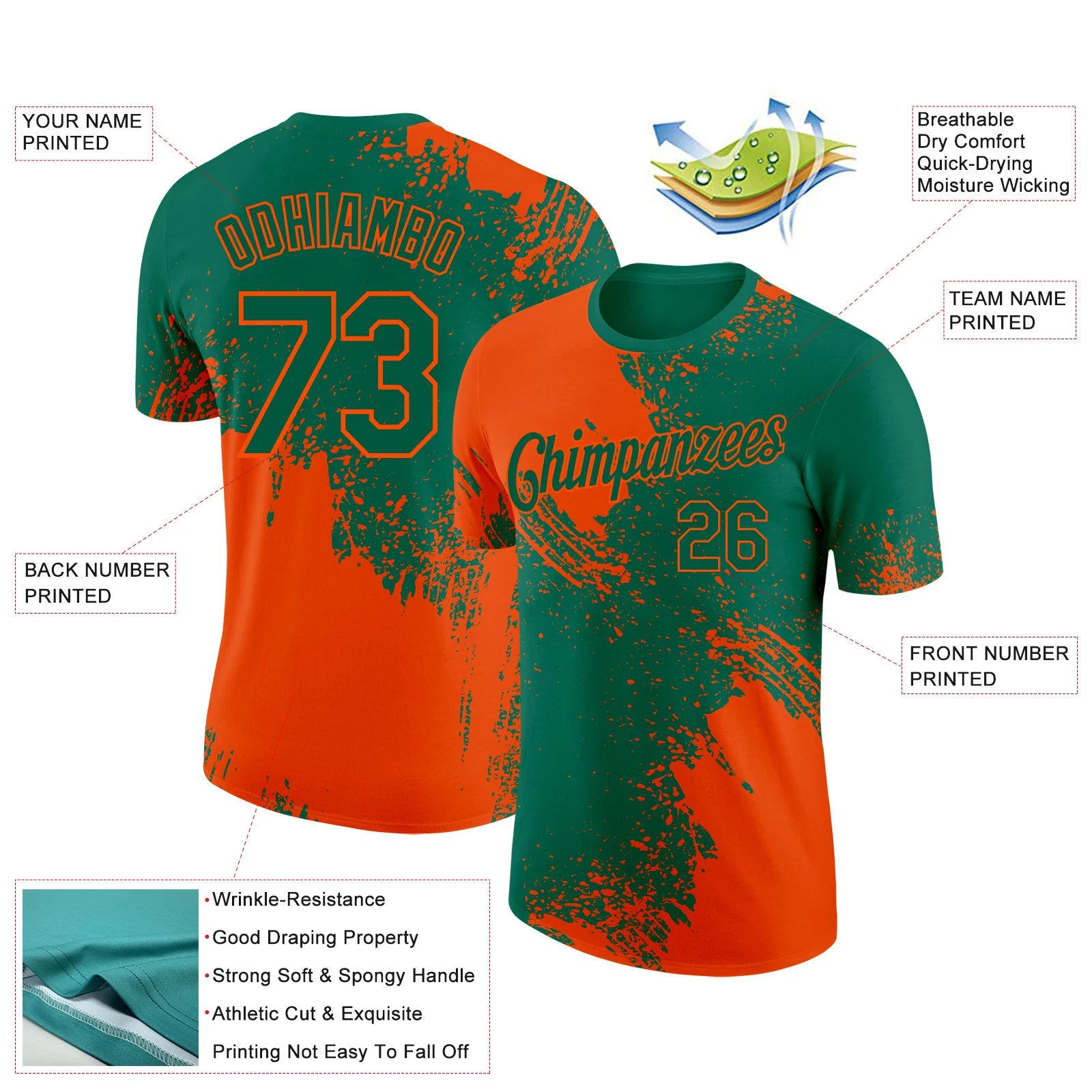 Custom Kelly Green Orange 3D Pattern Design Abstract Brush Stroke Performance T-Shirt - Image 2