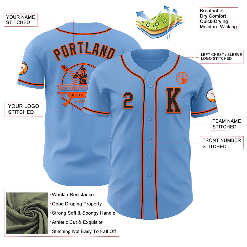 Custom Light Blue Black-Orange Authentic Baseball Jersey - Image 6