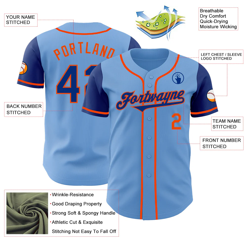 Custom Light Blue Royal-Orange Authentic Two Tone Baseball Jersey - Image 3