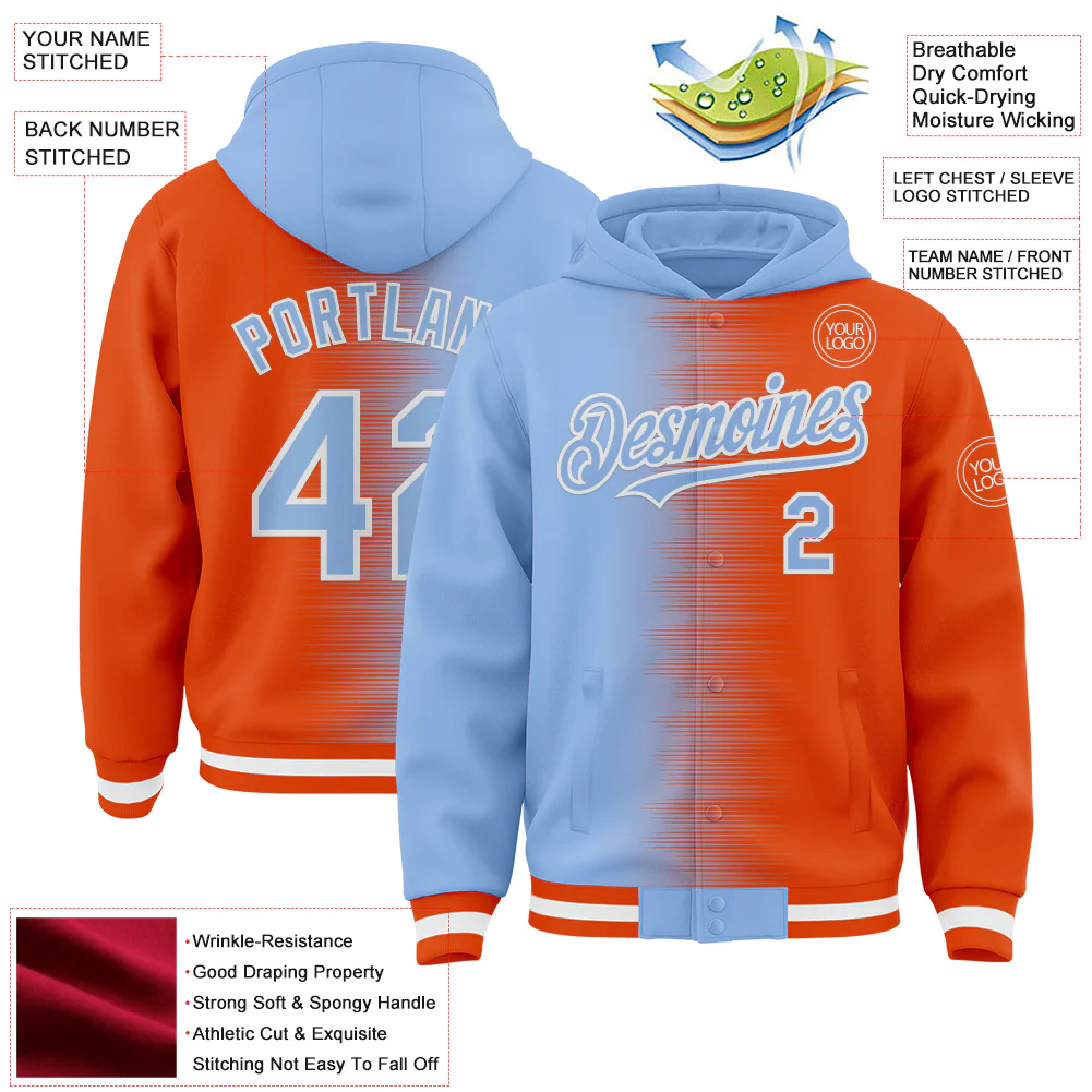Custom Light Blue Orange-White Gradient Line Bomber Full-Snap Varsity Letterman Hoodie Jacket - Image 4