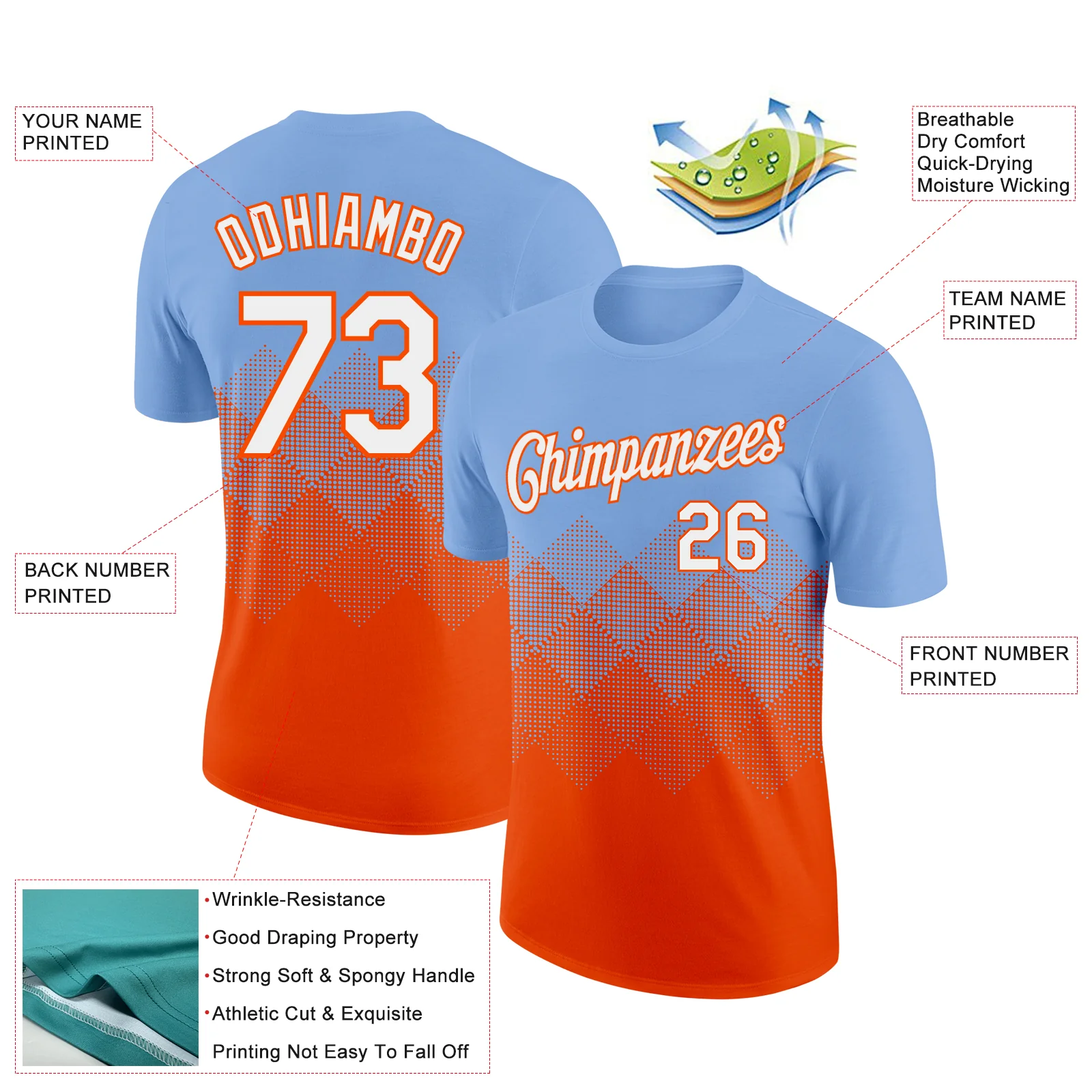 Custom Light Blue White-Orange 3D Pattern Design Gradient Square Shapes Performance T-Shirt - Image 2
