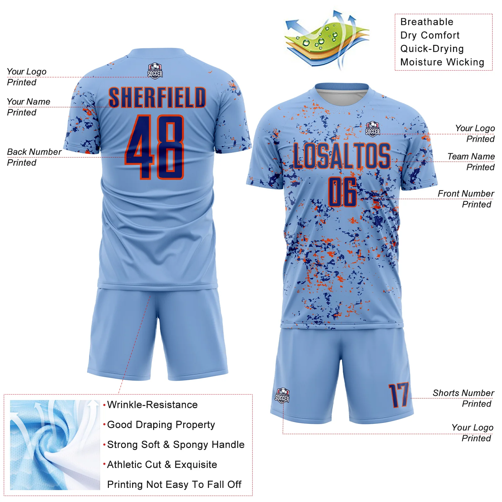 Custom Light Blue Royal-Orange Abstract Fragment Art Sublimation Soccer Uniform Jersey - Image 4