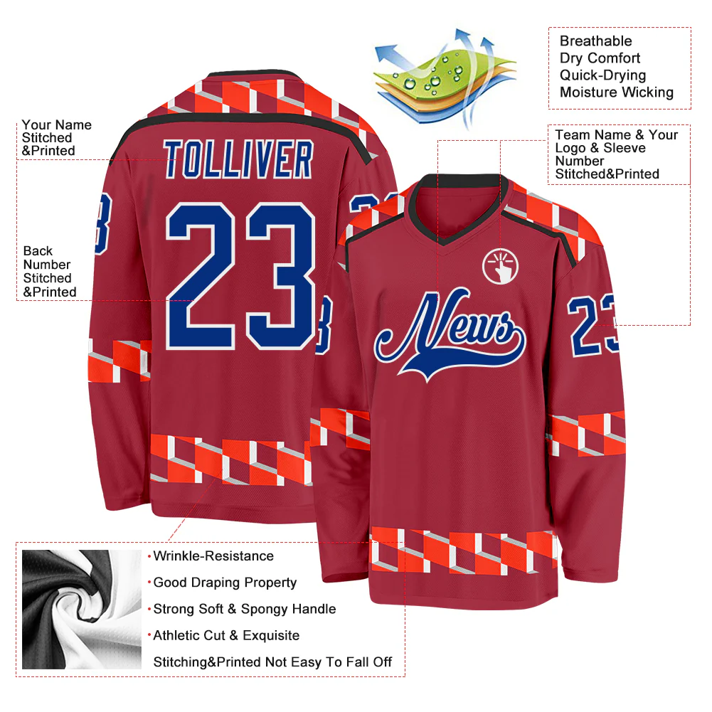 Custom Maroon Royal Orange Black-White Plaid Hockey Jersey - Image 5