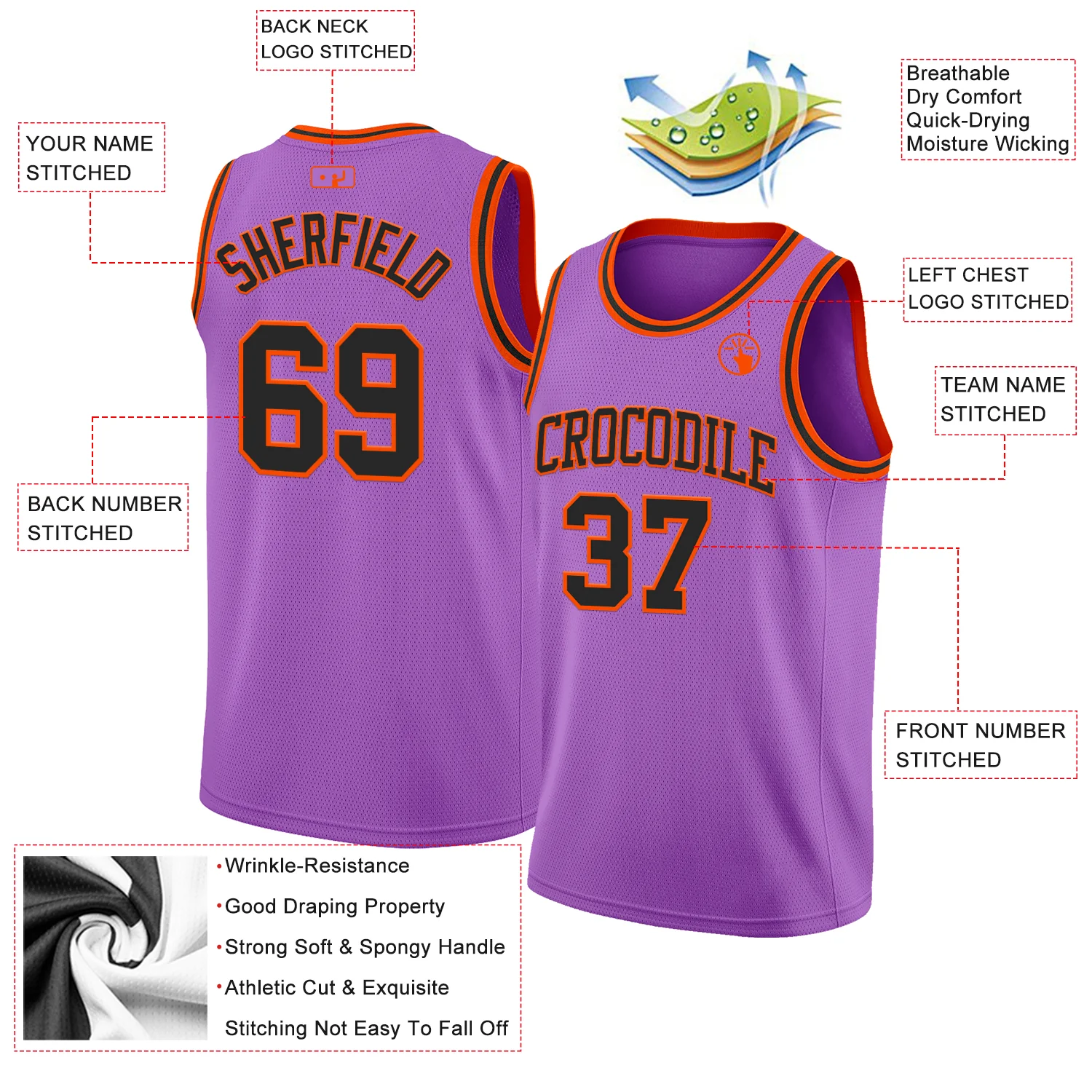 Custom Medium Purple Black-Orange Authentic Basketball Jersey - Image 2