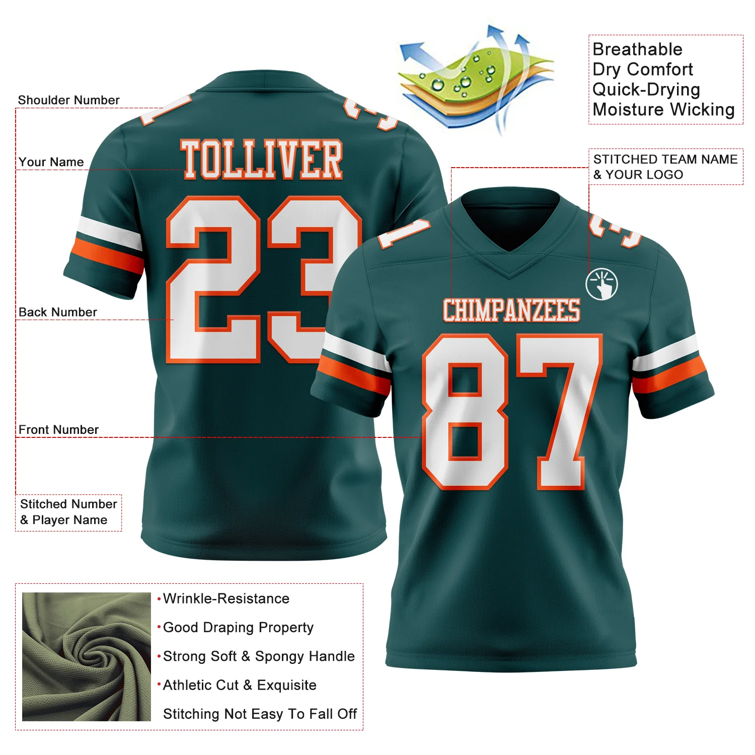 Custom Midnight Green White-Orange Authentic Football Jersey - Image 3
