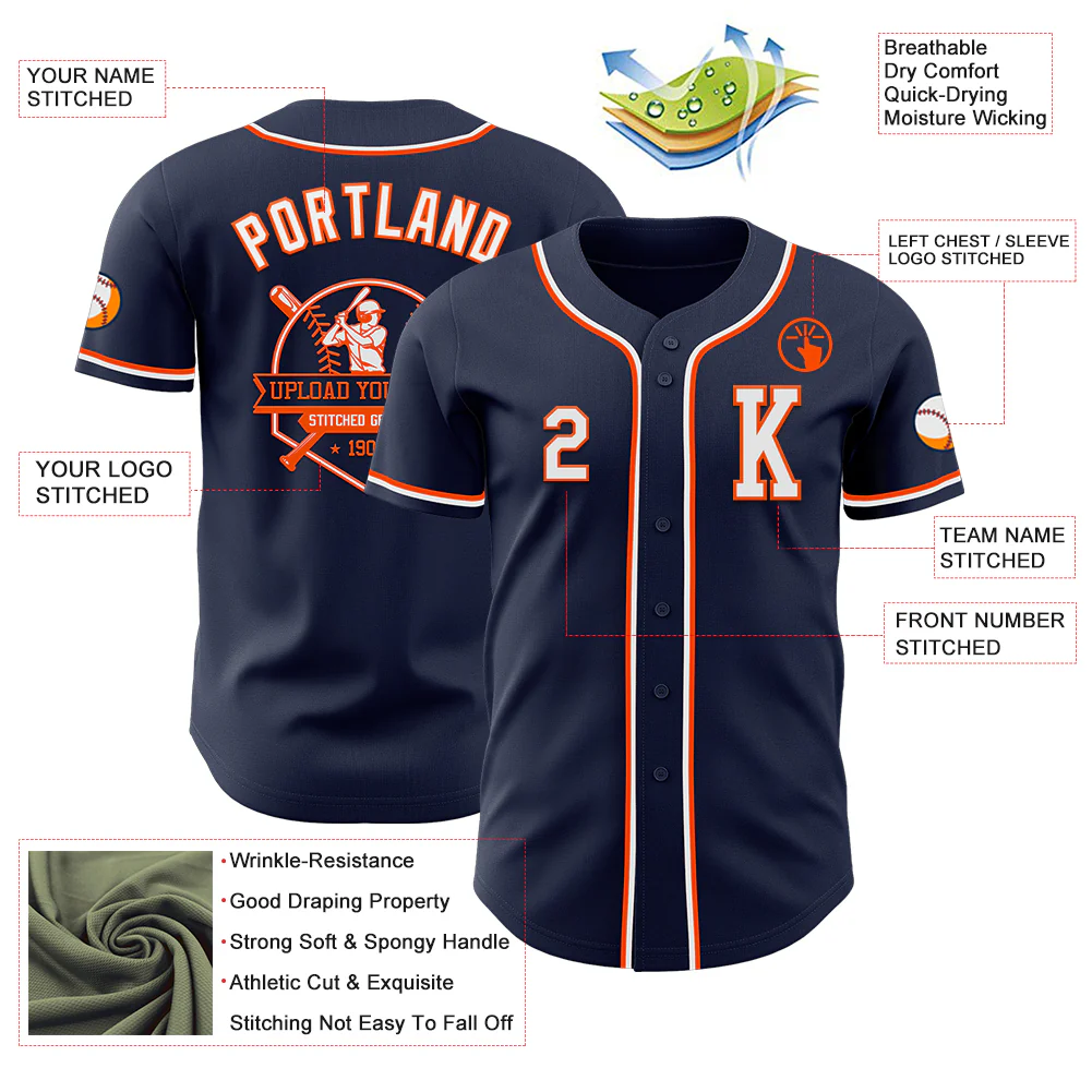 Custom Navy White-Orange Authentic Baseball Jersey - Image 6