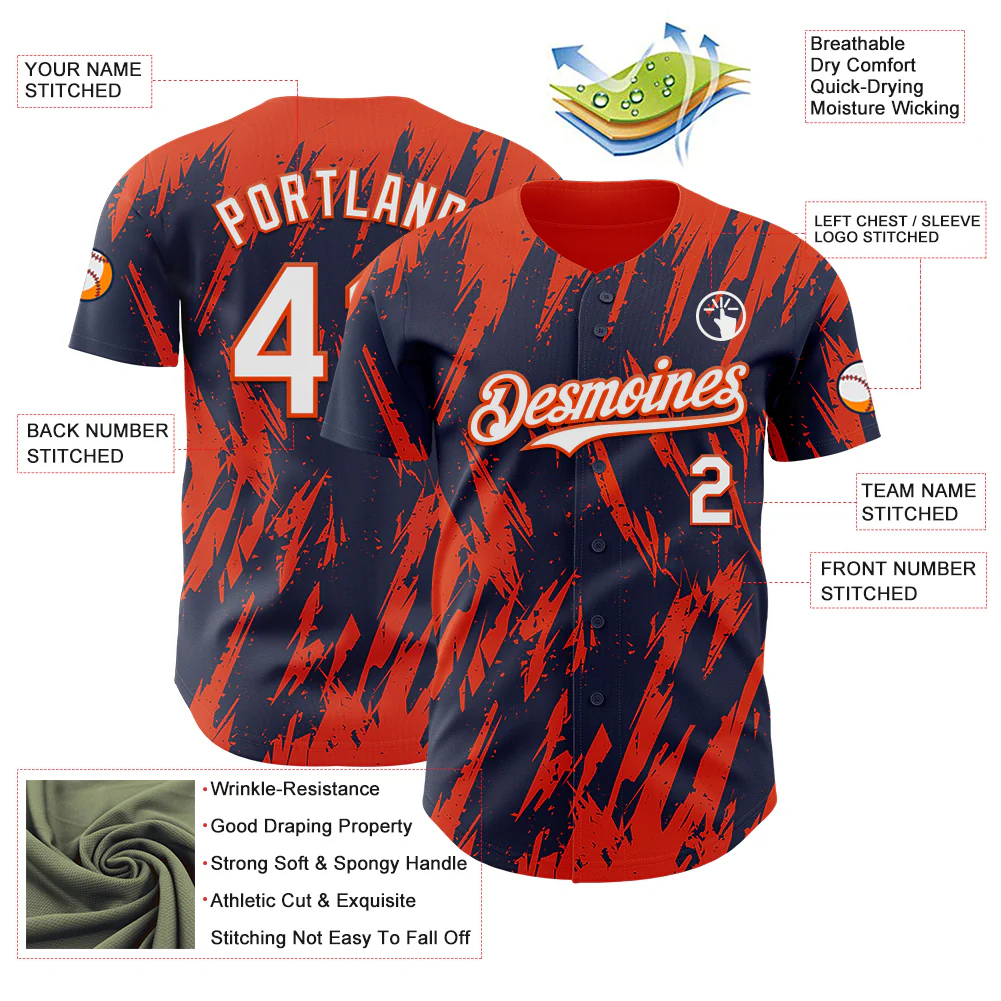 Custom Navy White-Orange Splatter Torn Sharp Brush Stroke Authentic Baseball Jersey - Image 3