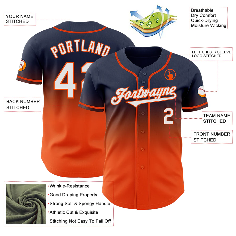 Custom Navy White-Orange Authentic Fade Fashion Baseball Jersey - Image 3