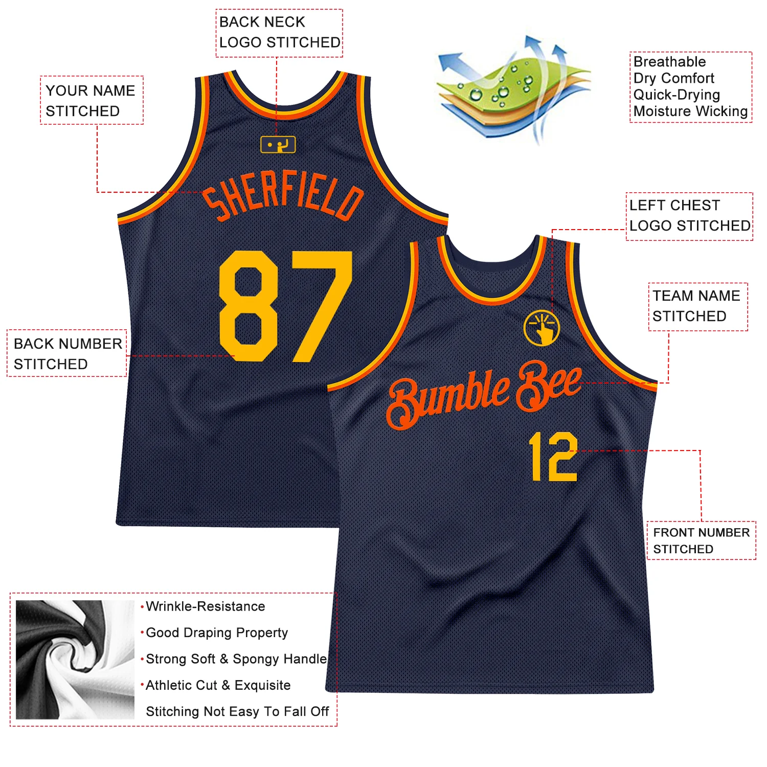 Custom Navy Gold-Orange Authentic Throwback Basketball Jersey - Image 2