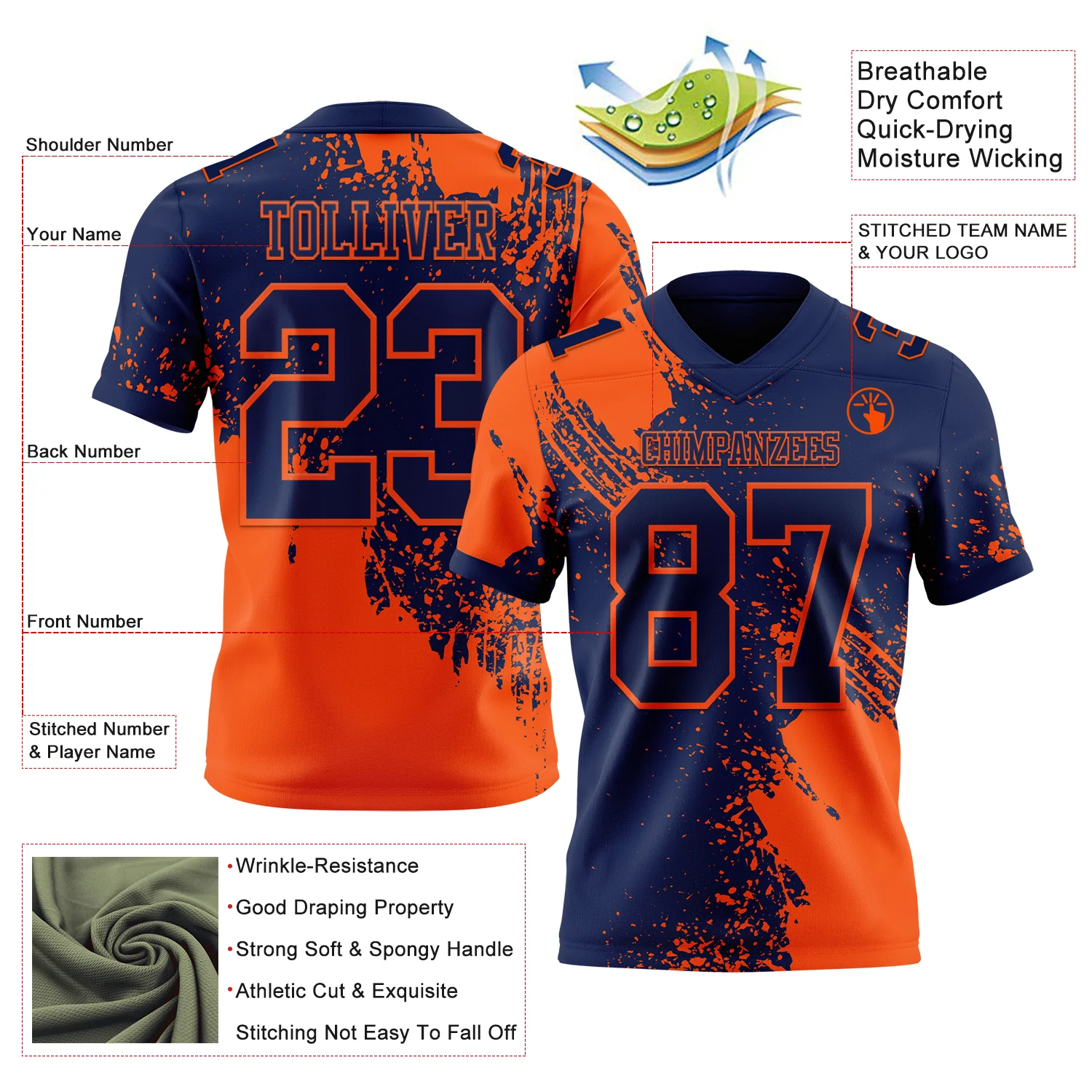 Custom Navy Orange 3D Pattern Abstract Brush Stroke Authentic Football Jersey - Image 2