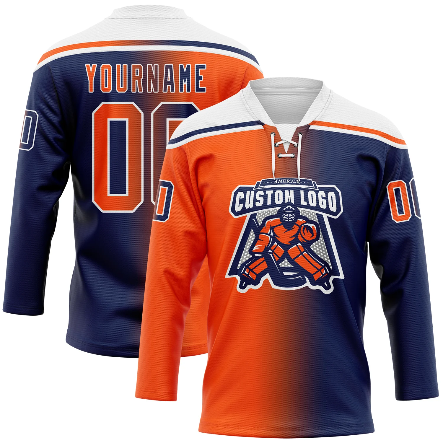 Custom Navy Orange-White Gradient Fashion Hockey Lace Neck Jersey - Image 2