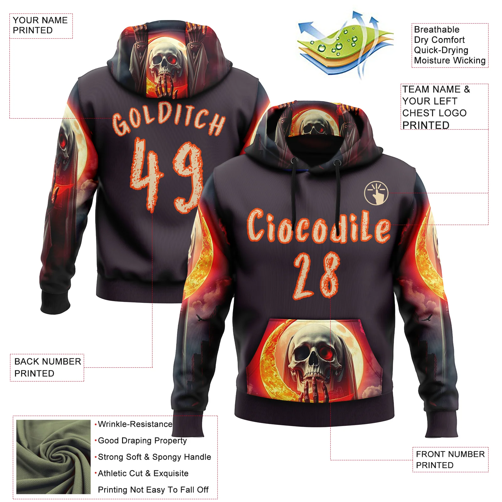Custom Navy City Cream-Orange 3D Skull Sports Pullover Sweatshirt Hoodie - Image 2