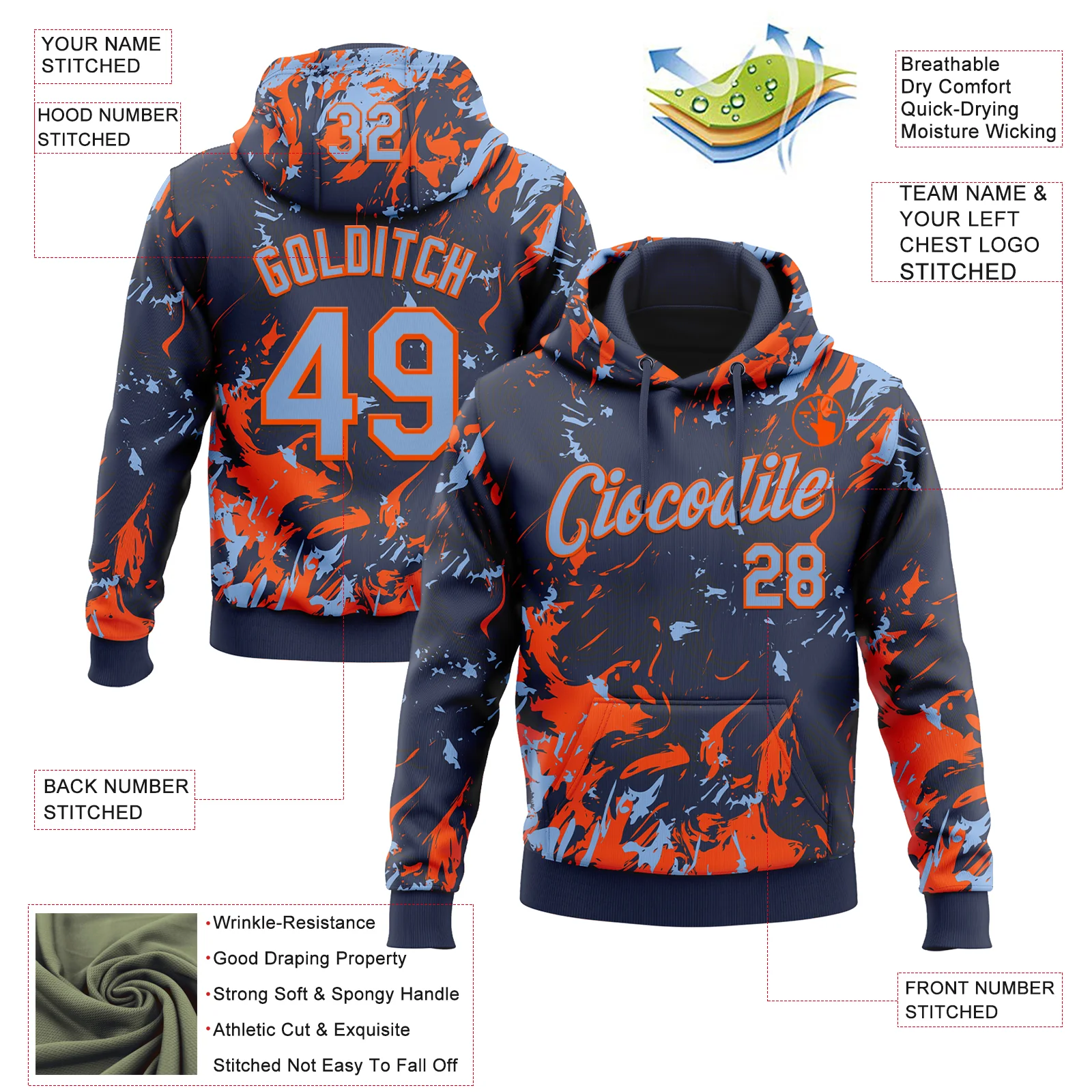 Custom Stitched Navy Light Blue-Orange Splash Sports Pullover Sweatshirt Hoodie - Image 4