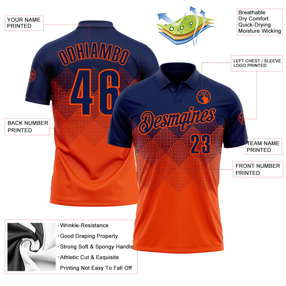 Custom Navy Orange 3D Gradient Square Shape Performance Polo Shirt - Image 3