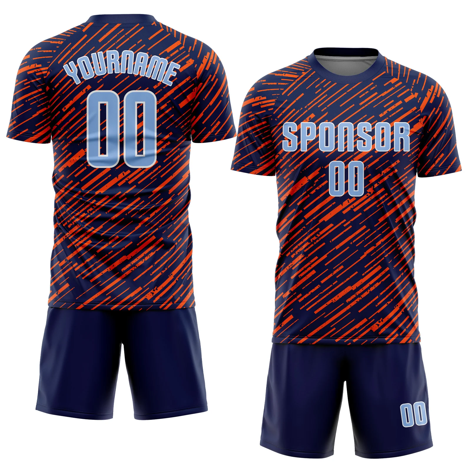 Custom Navy Light Blue Orange-White Line Sports Sublimation Soccer Uniform Jersey - Image 2