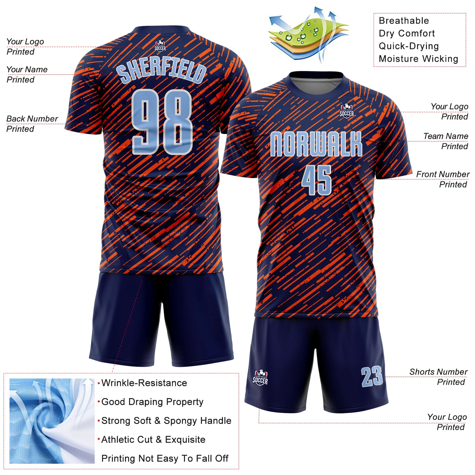 Custom Navy Light Blue Orange-White Line Sports Sublimation Soccer Uniform Jersey - Image 4