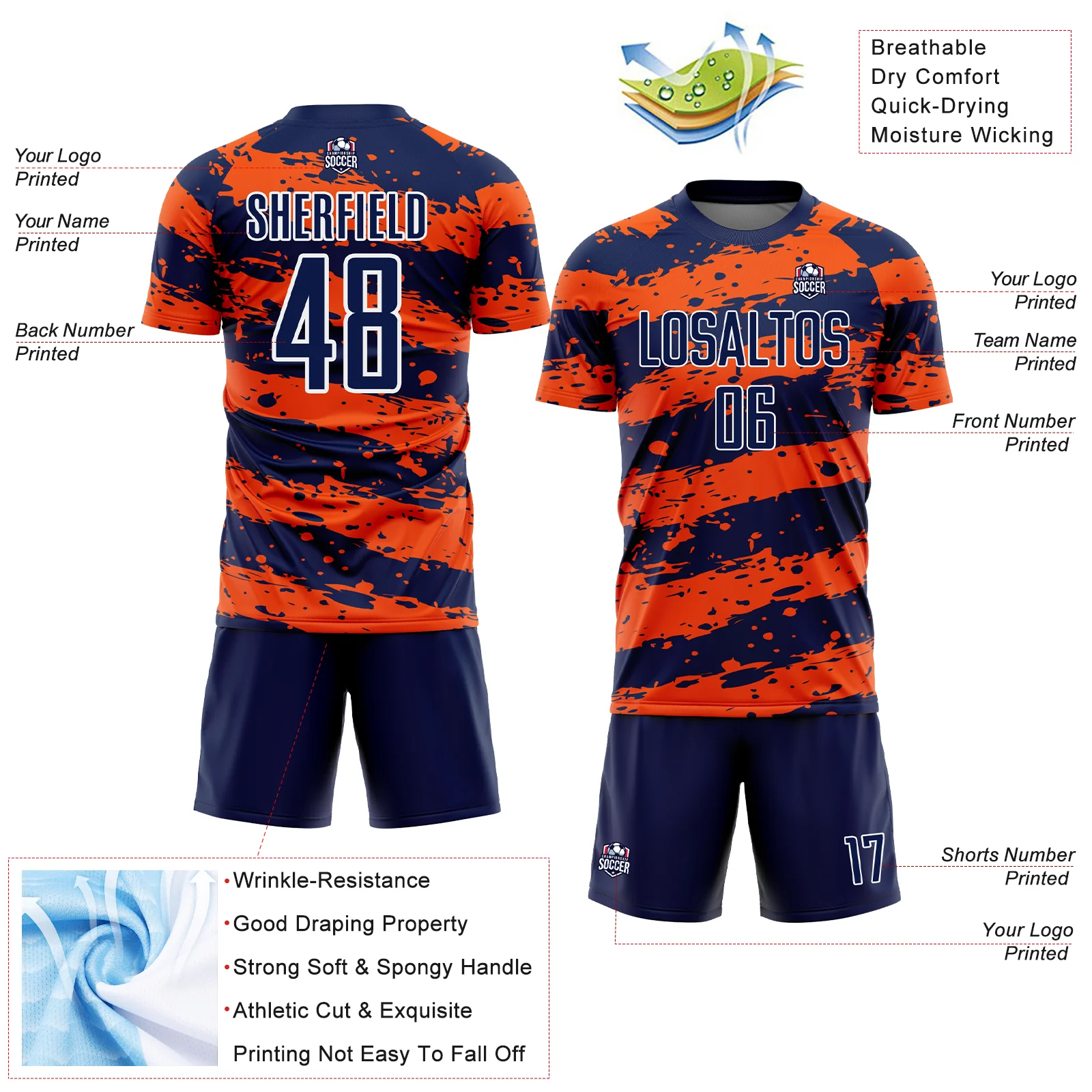 Custom Navy Orange-White Splash Sublimation Soccer Uniform Jersey - Image 4