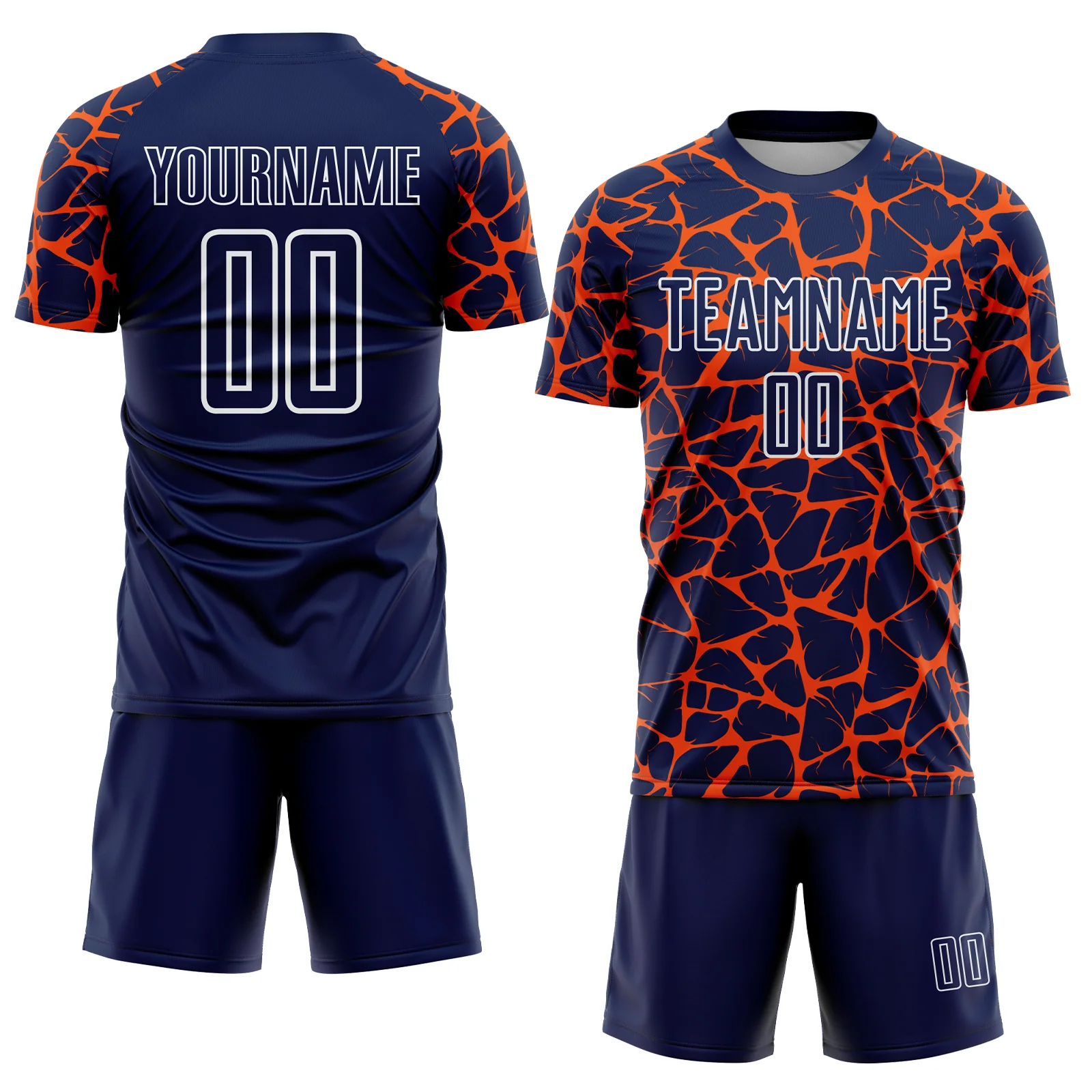 Custom Navy Orange-White Abstract Network Splash Sublimation Soccer Uniform Jersey - Image 2