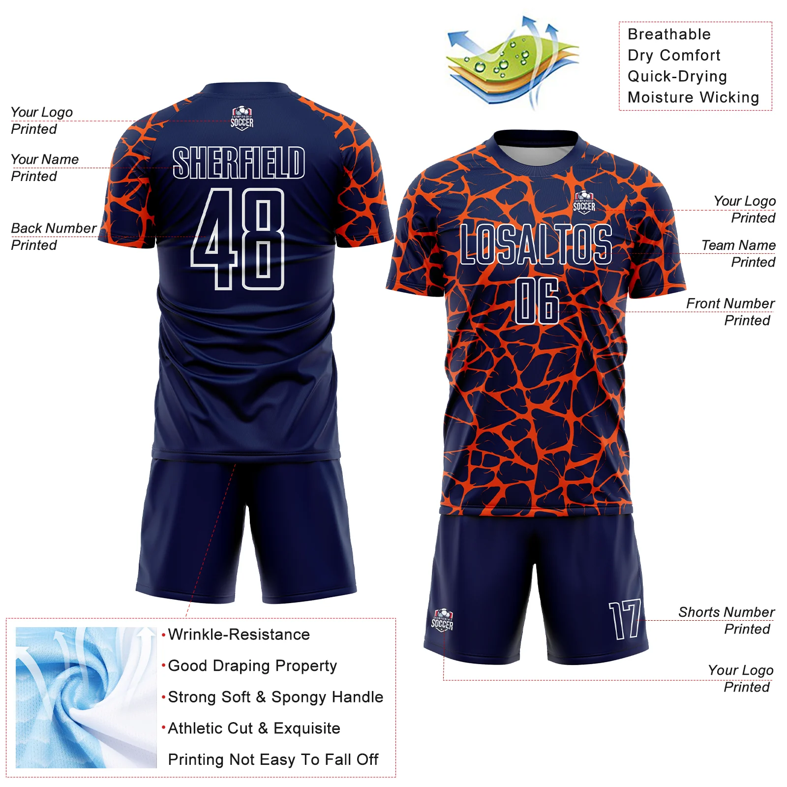 Custom Navy Orange-White Abstract Network Splash Sublimation Soccer Uniform Jersey - Image 4