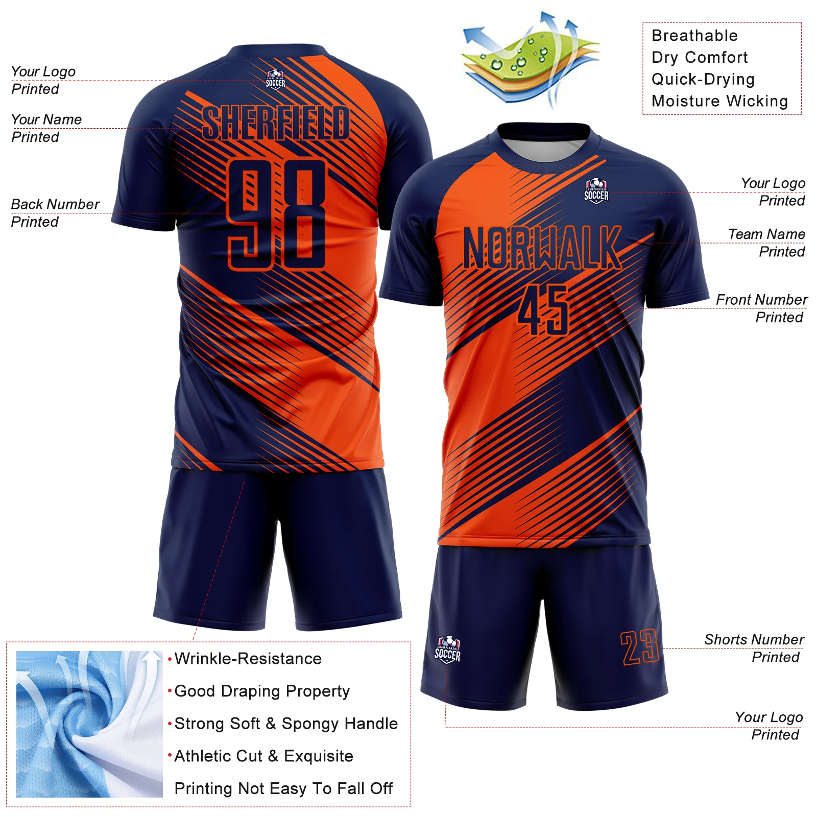 Custom Navy Orange Line Sublimation Soccer Uniform Jersey - Image 4