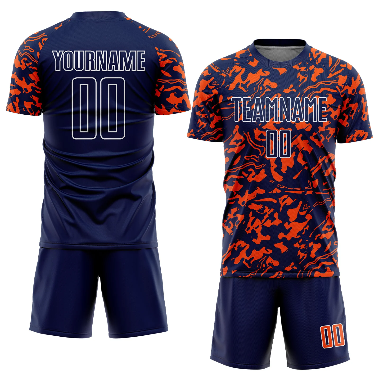 Custom Navy Orange-White Liquid Fluid Pattern Sports Sublimation Soccer Uniform Jersey - Image 2