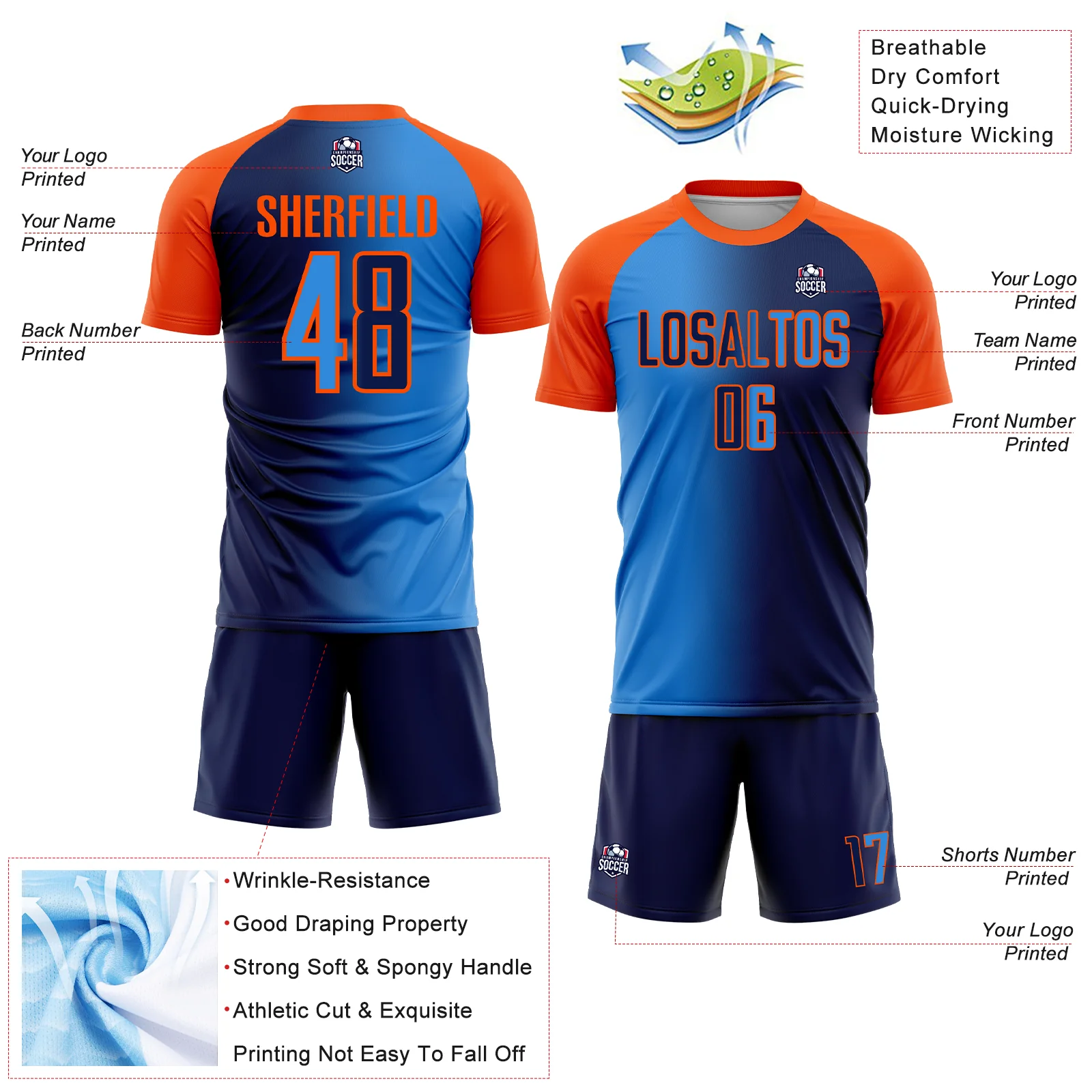 Custom Navy Powder Blue-Orange Sublimation Gradient Fashion Soccer Uniform Jersey - Image 4