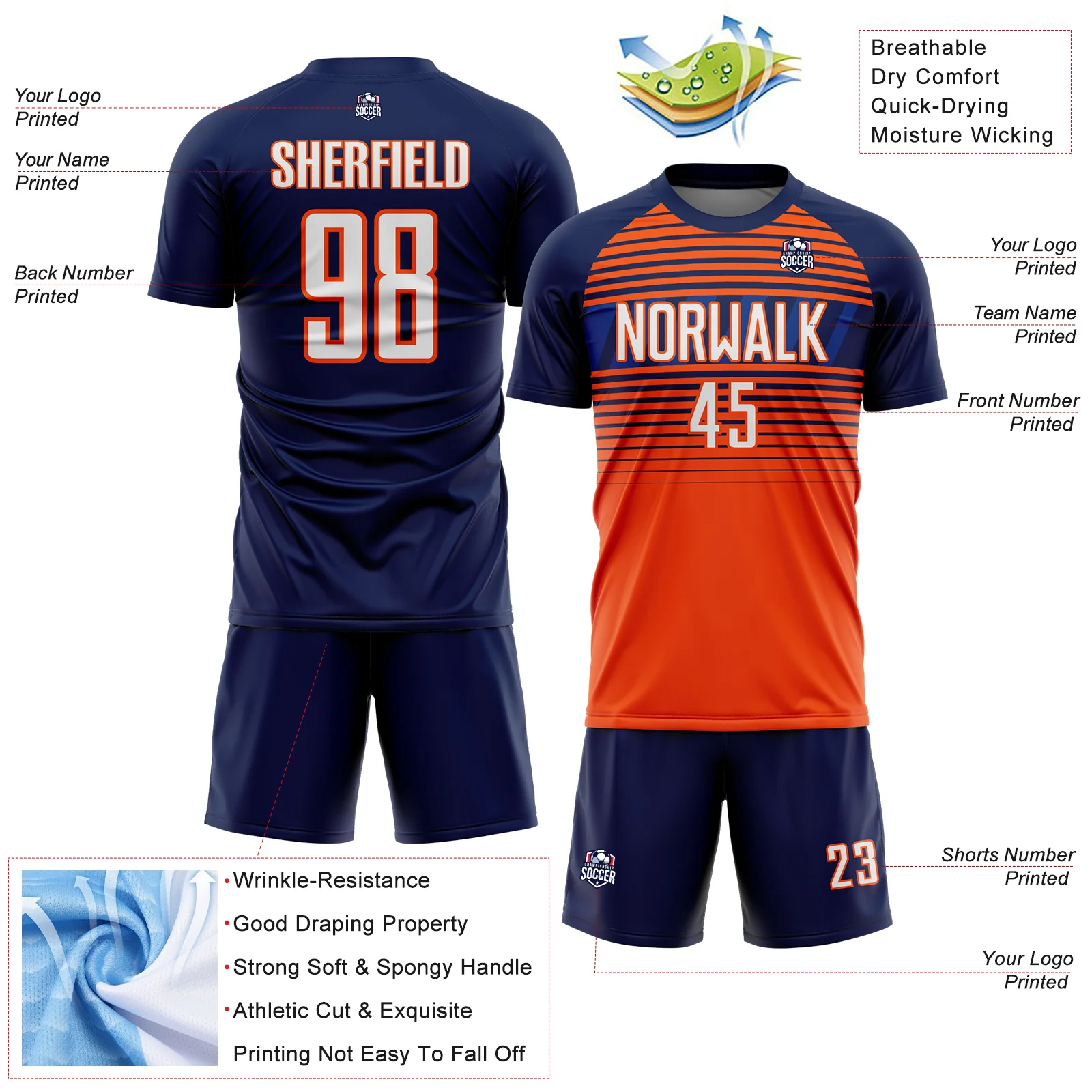 Custom Navy White Orange-Royal Gradient Horizontal Stripes Sublimation Soccer Uniform Jersey - Image 4