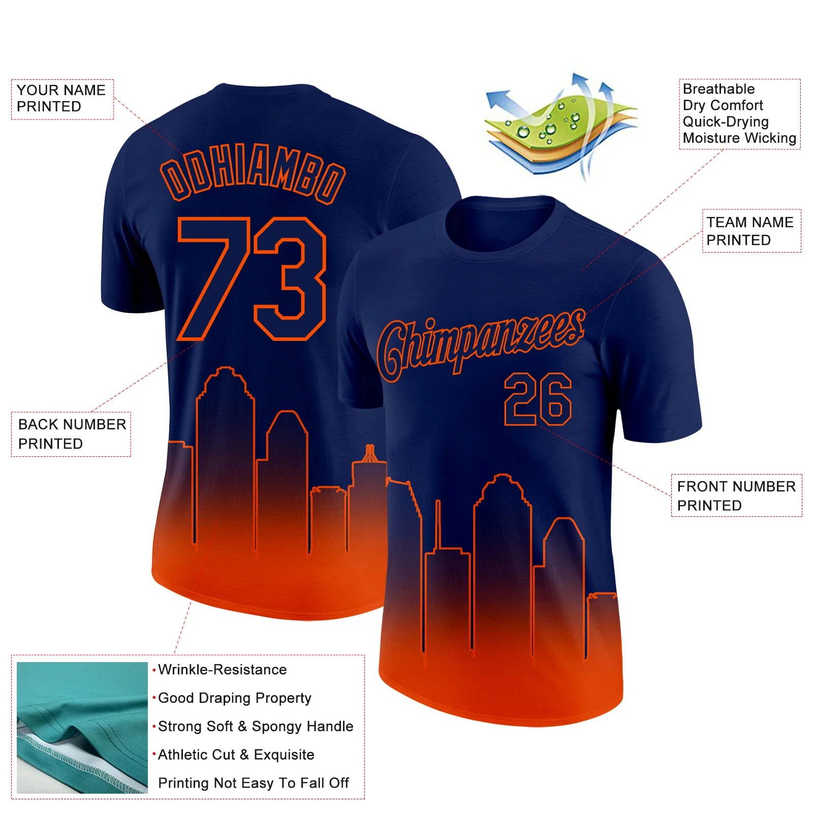 Custom Navy Orange 3D Houston City Edition Fade Fashion Performance T-Shirt - Image 2