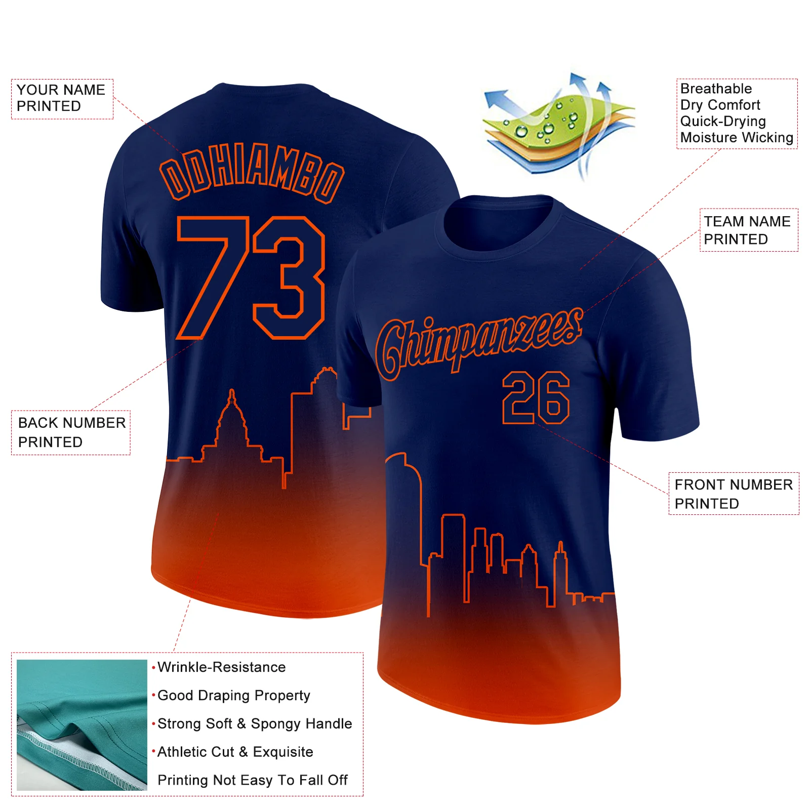 Custom Navy Orange 3D Denver City Edition Fade Fashion Performance T-Shirt - Image 2