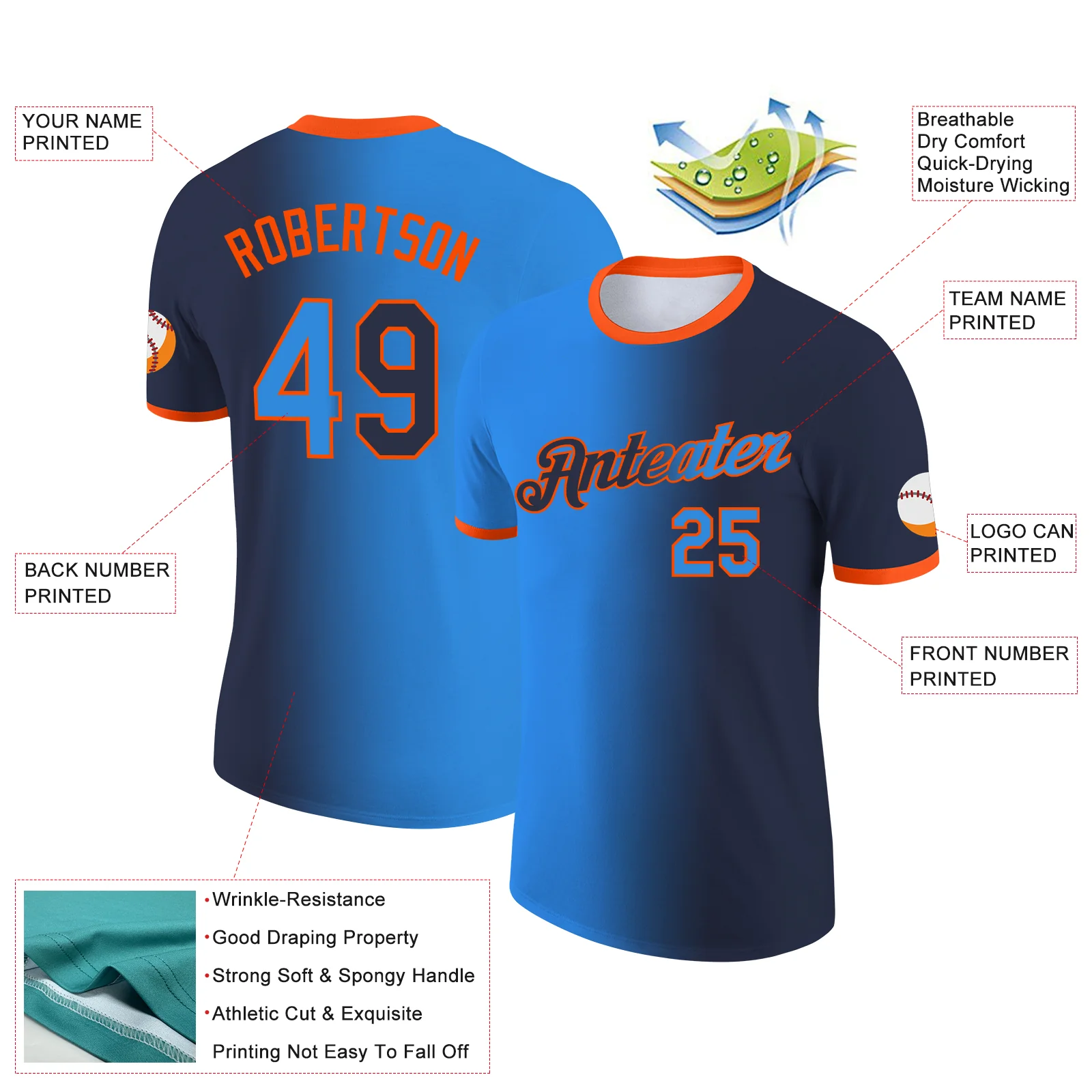 Custom Navy Powder Blue-Orange Gradient Fashion Performance T-Shirt - Image 2