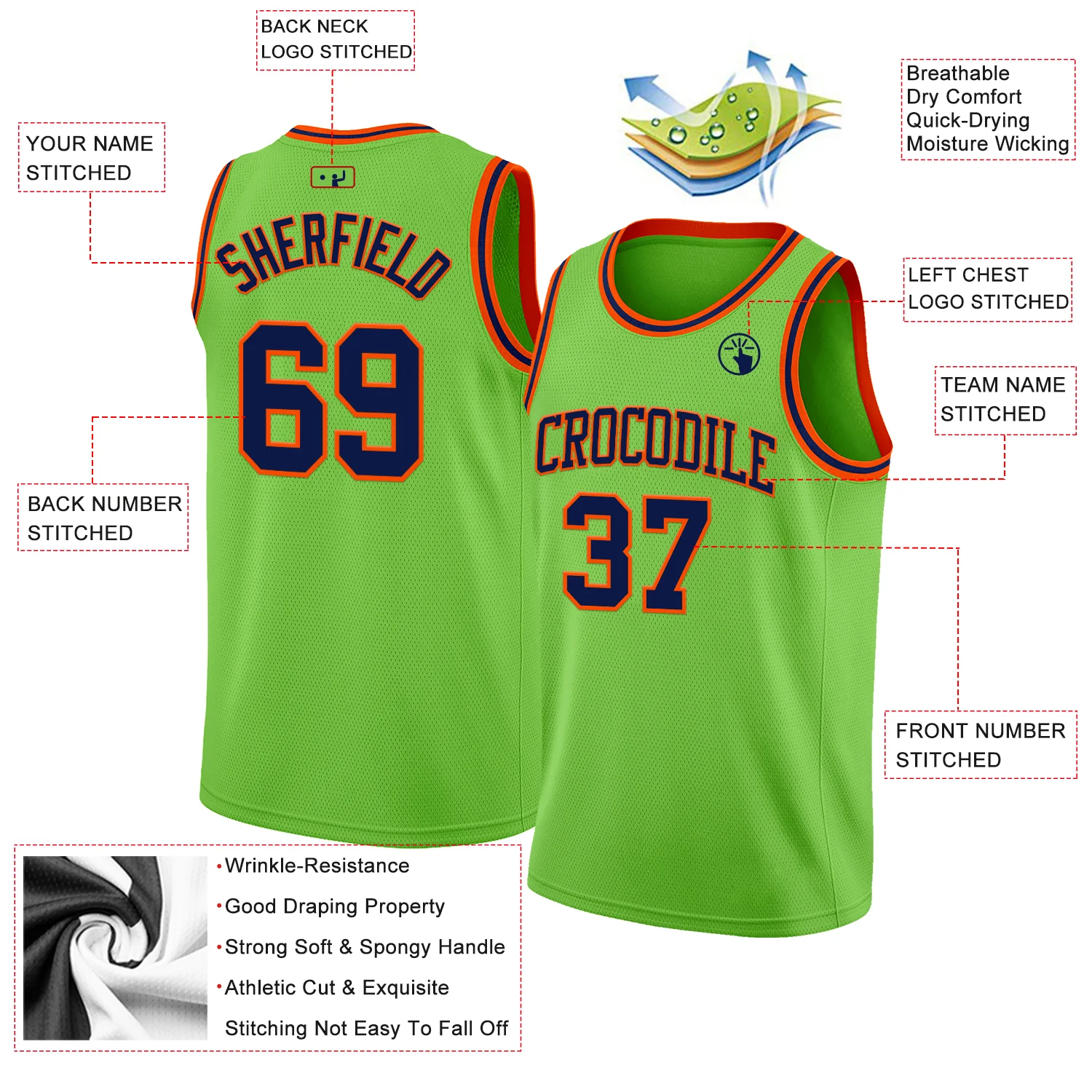 Custom Neon Green Navy-Orange Authentic Basketball Jersey - Image 2