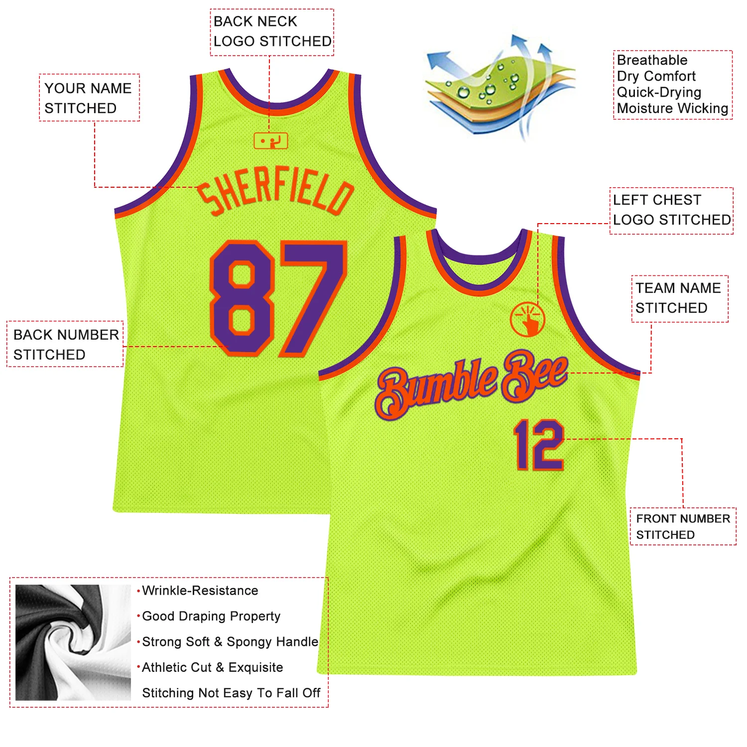 Custom Neon Green Purple-Orange Authentic Throwback Basketball Jersey - Image 2