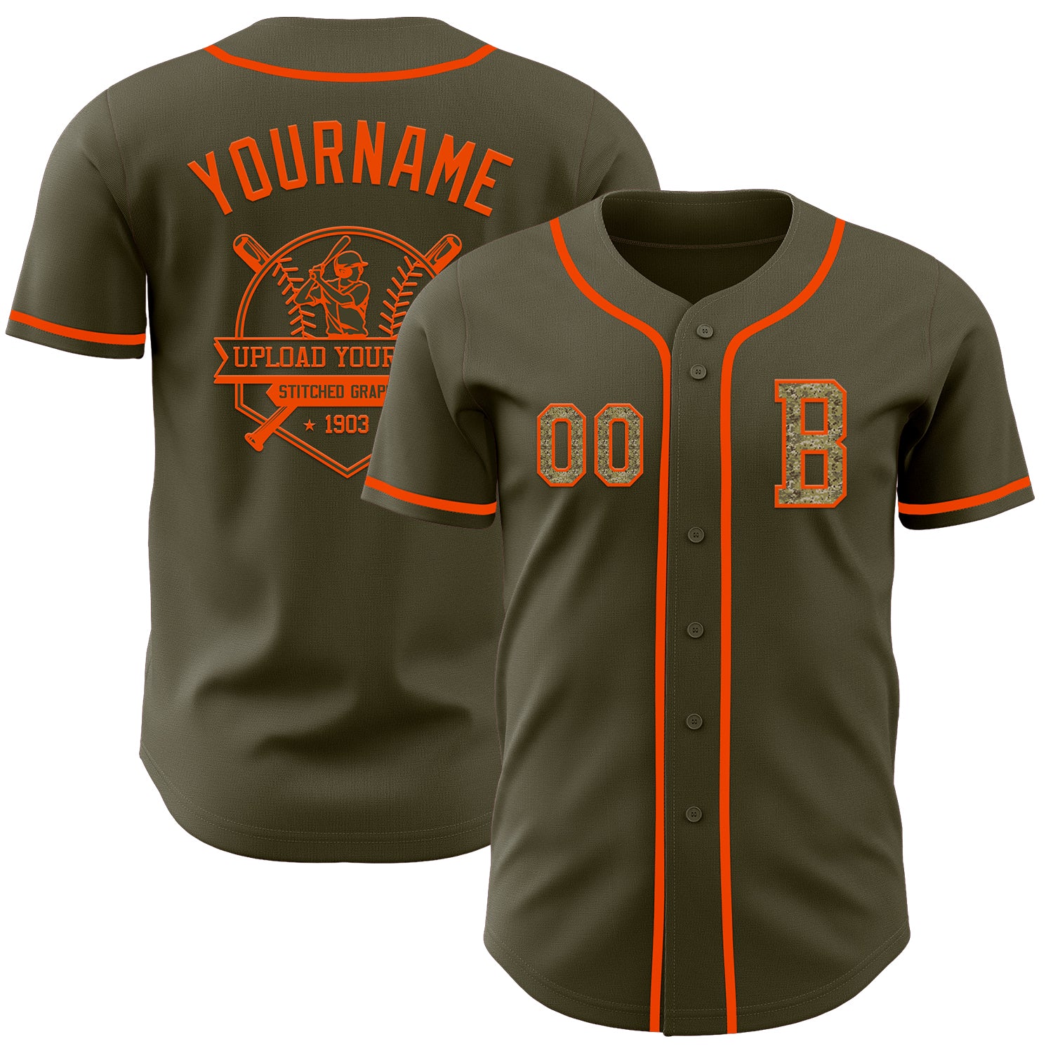 Custom Olive Camo-Orange Authentic Salute To Service Baseball Jersey - Image 5