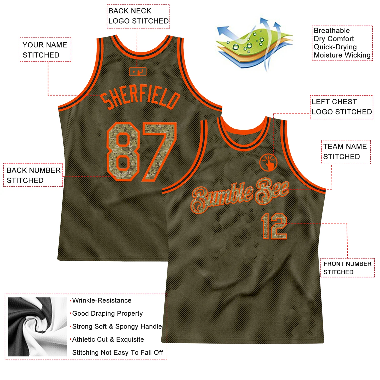 Custom Olive Camo Orange-Black Authentic Throwback Salute To Service Basketball Jersey - Image 2