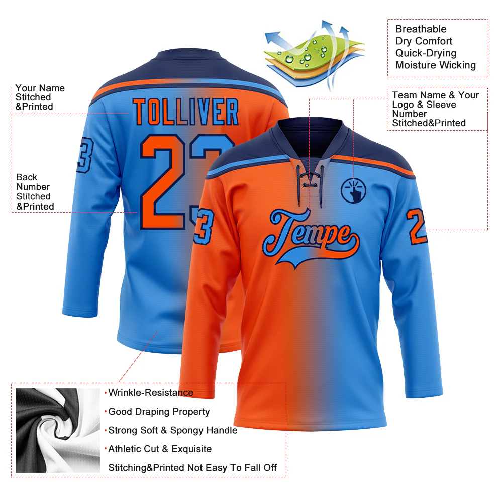 Custom Powder Blue Orange-Navy Gradient Fashion Hockey Lace Neck Jersey - Image 5