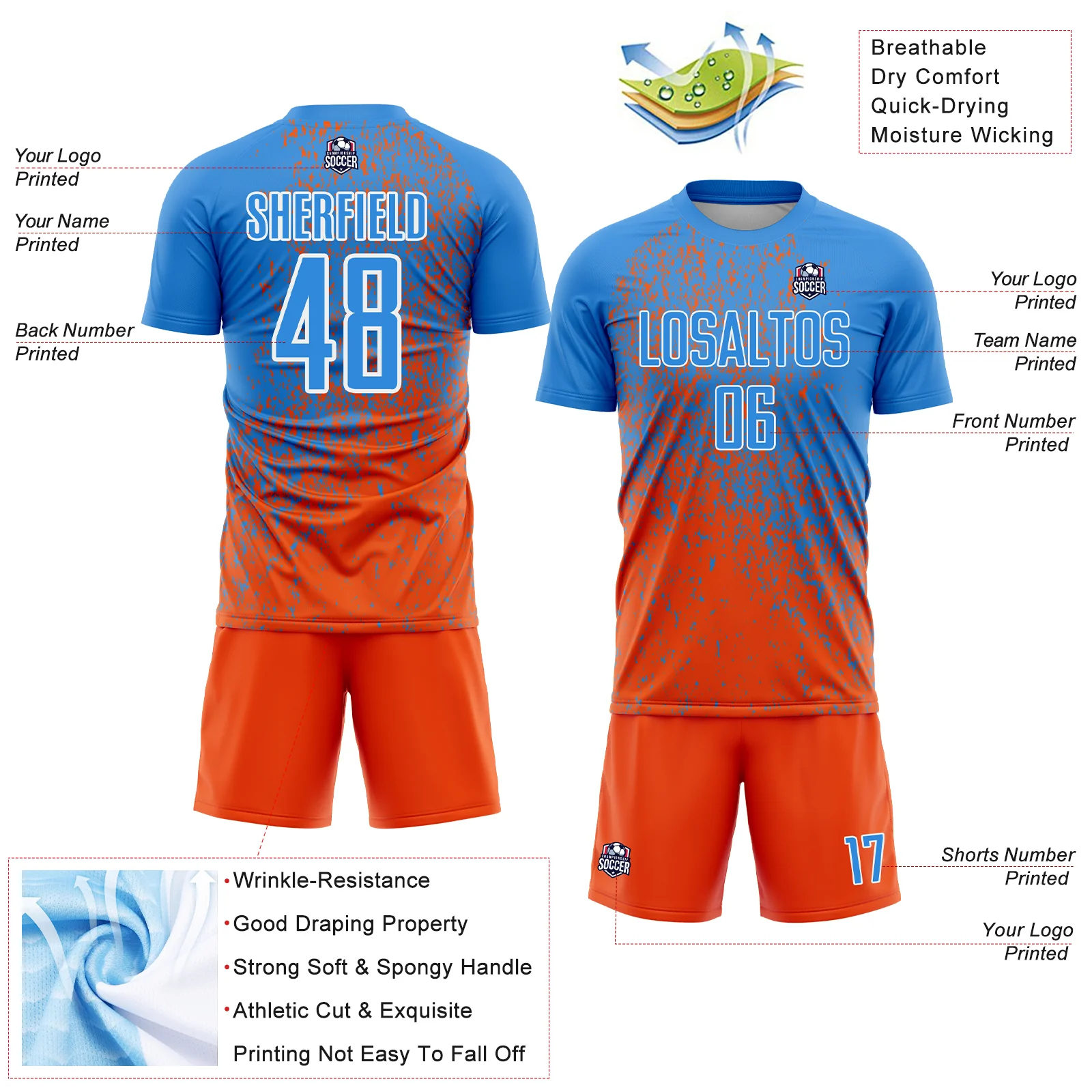 Custom Powder Blue Orange-White Abstract Fragment Art Sublimation Soccer Uniform Jersey - Image 4