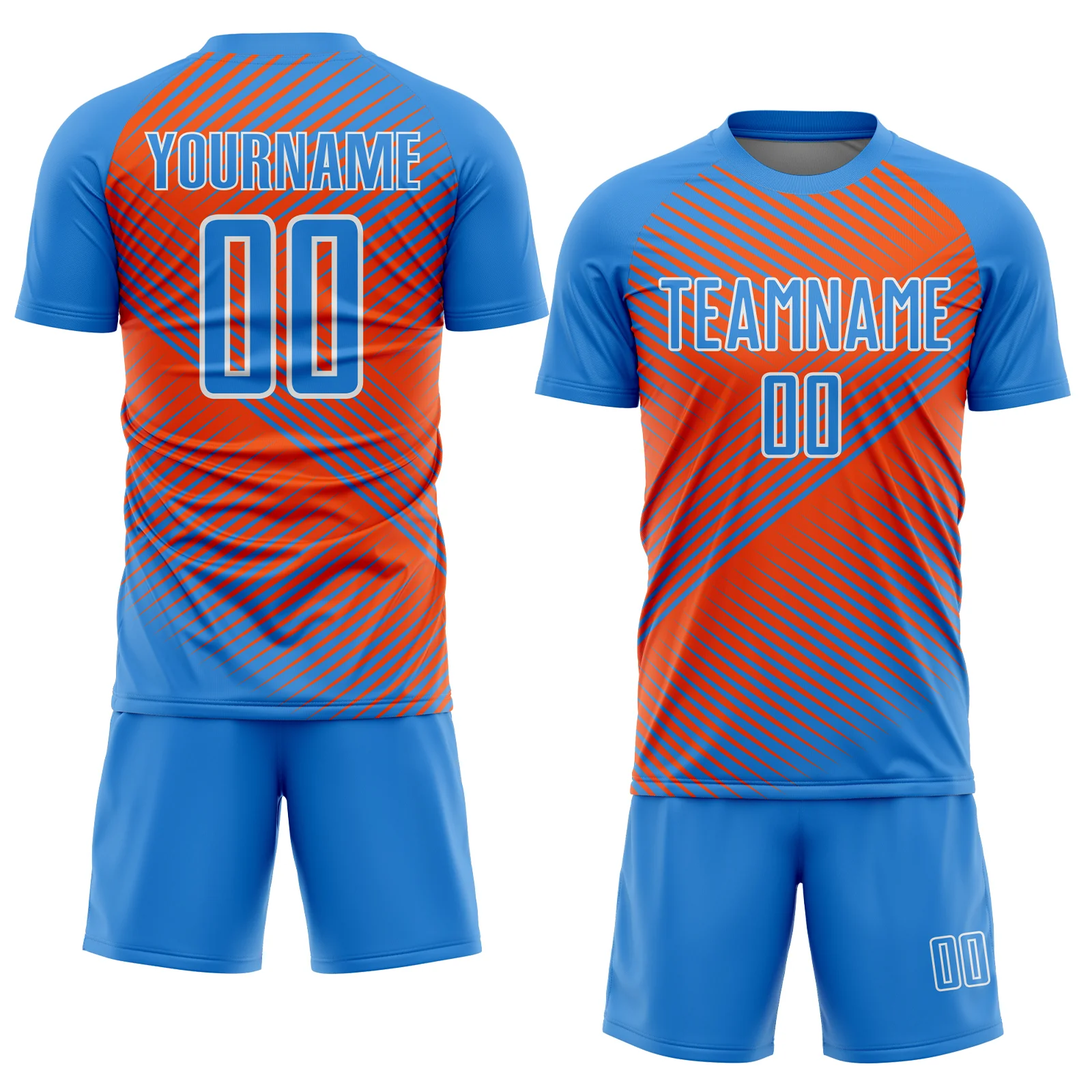 Custom Powder Blue Orange-White Line Sublimation Soccer Uniform Jersey - Image 2
